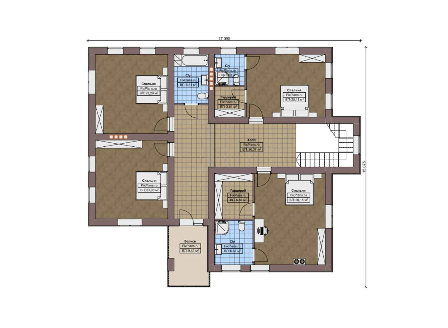 F-10556 - Планы двухэтажного дома 18 на 19, площадью 360 м² с террасой, балконом и 5 спальнями