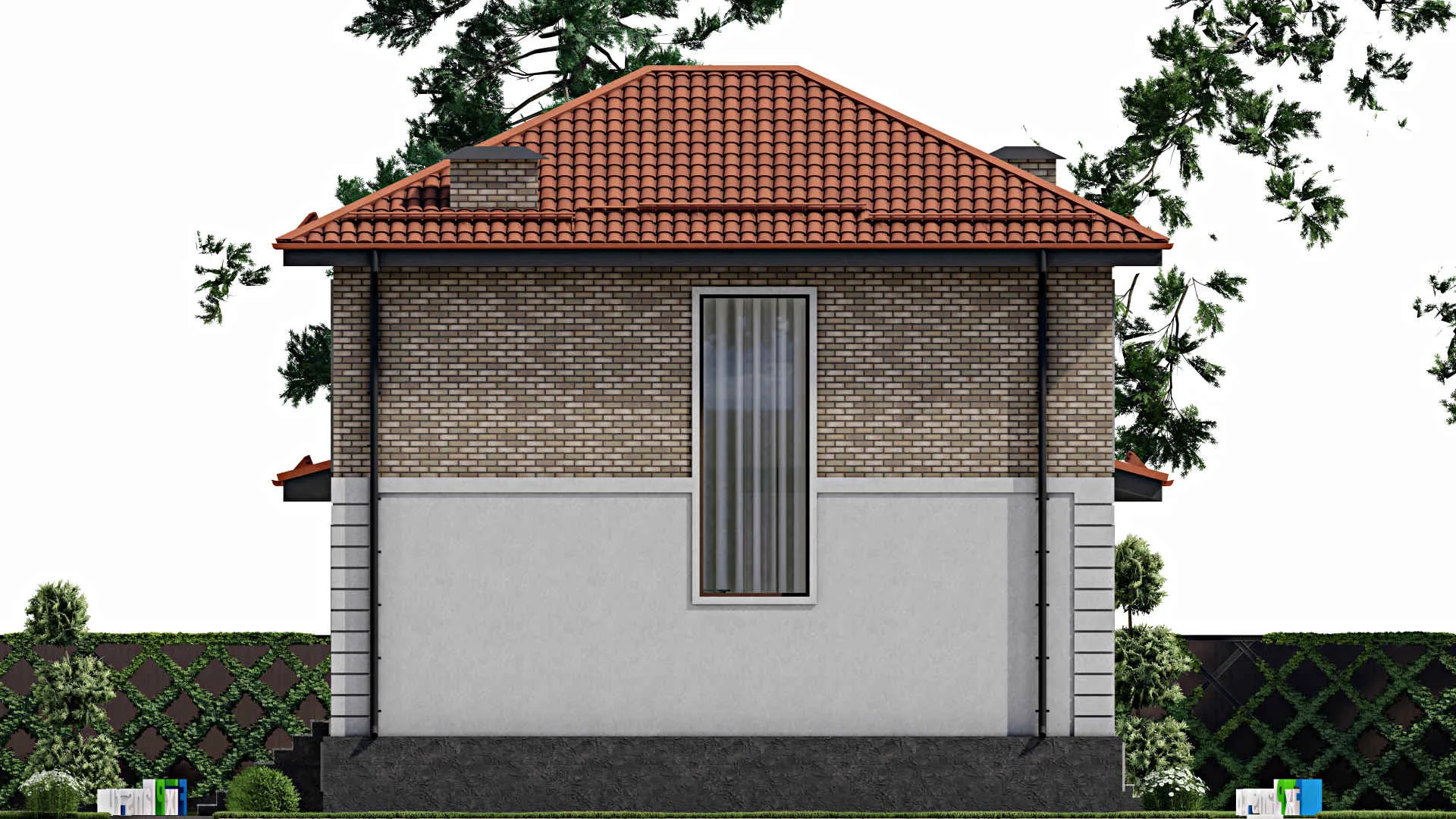 F-5705 - Проект двухэтажного дома 11 на 13, площадью 210 м² с террасой, балконом, цокольным этажом, гаражом на 1 машину и 4 спальнями