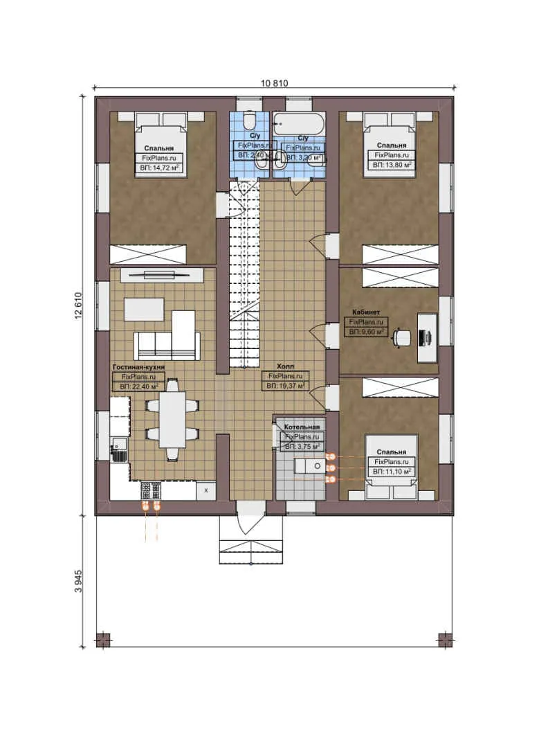 F-5912 - Планы дома с мансардой 11 на 13, площадью 210 м² с 3 спальнями