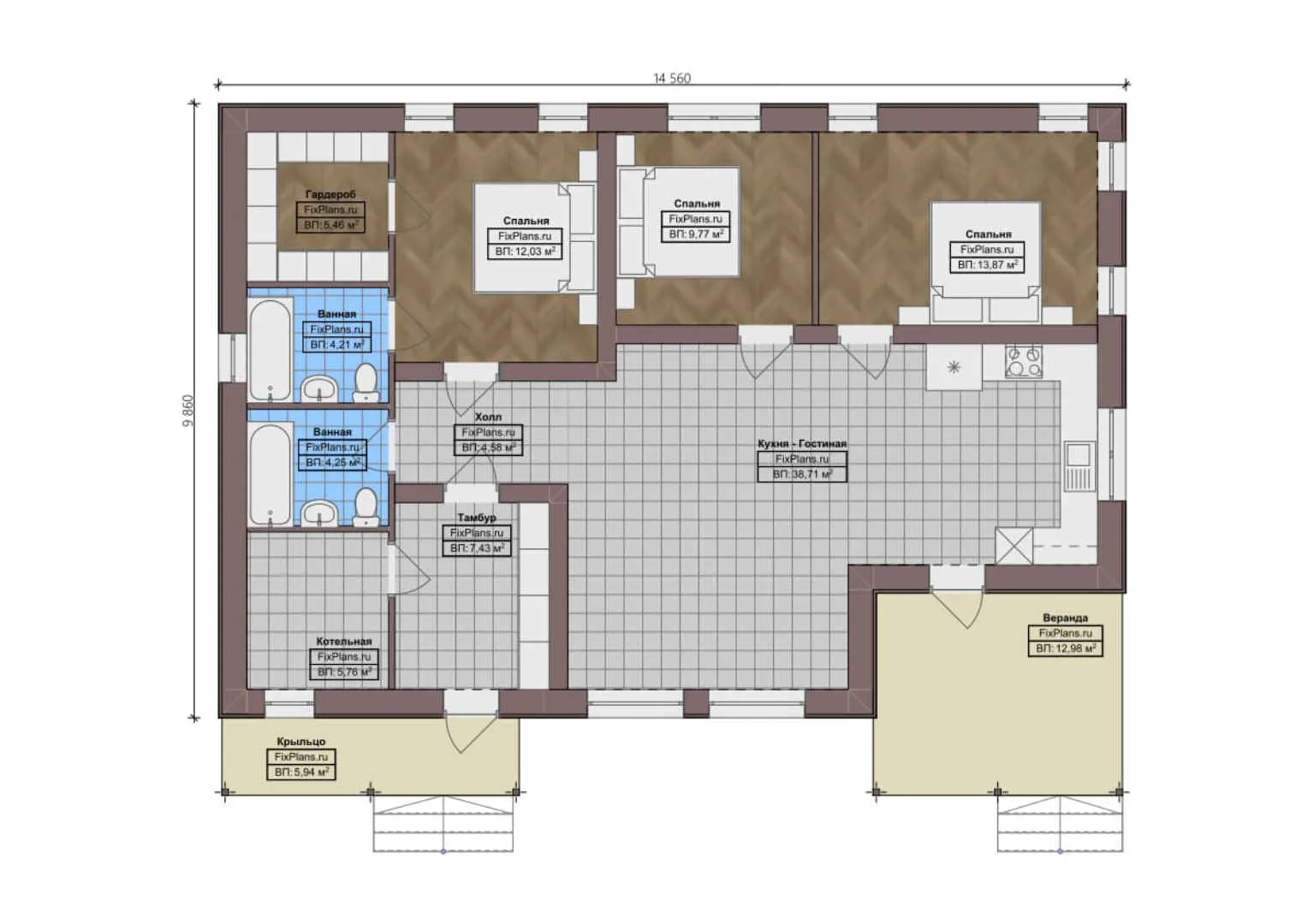 F-0035 - План одноэтажного дома 10 на 15, площадью 130 м² с террасой и 3 спальнями
