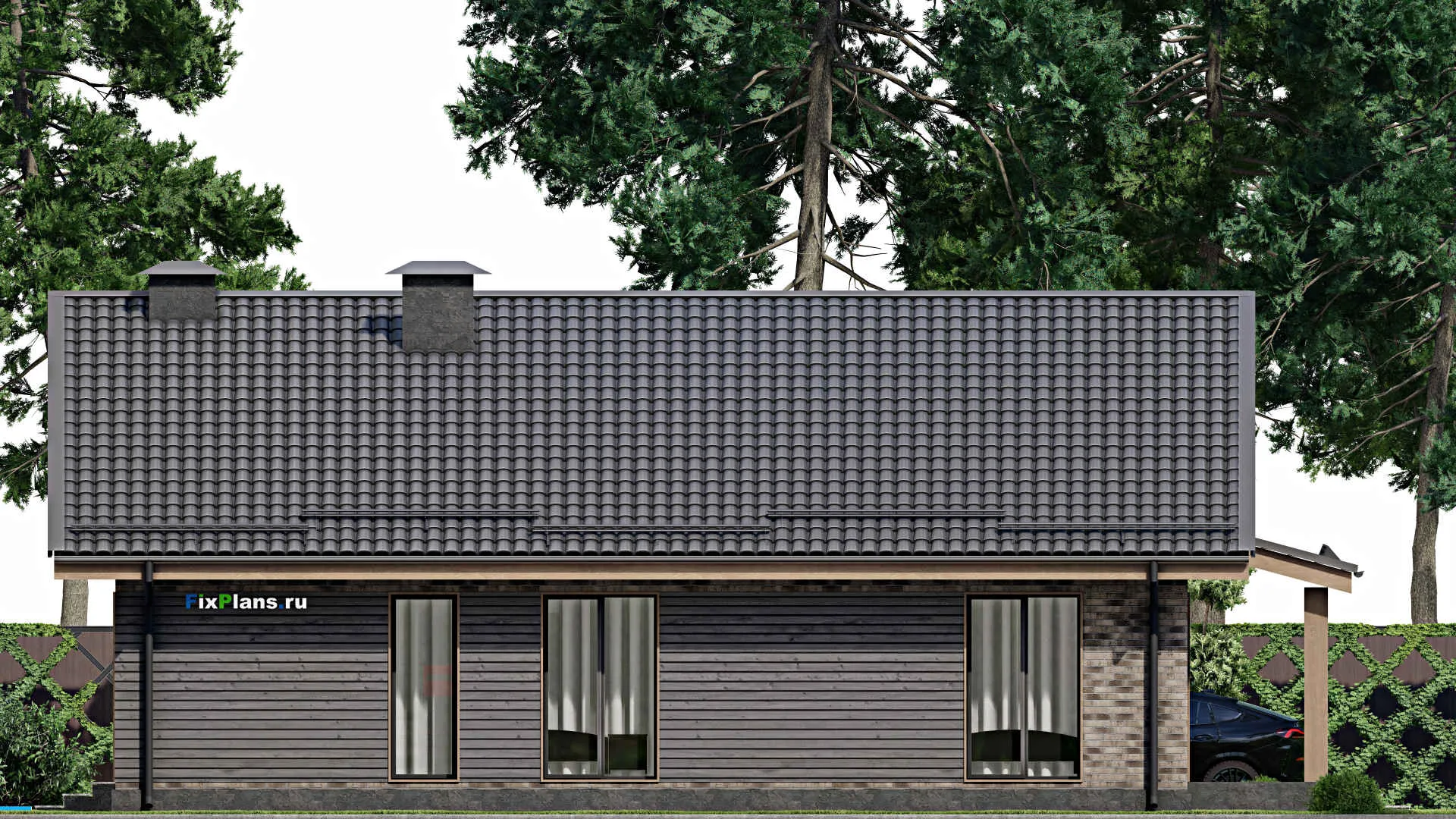 F-5966 - Проект одноэтажного дома 13 на 14, площадью 150 м² с террасой, баней и 2 спальнями