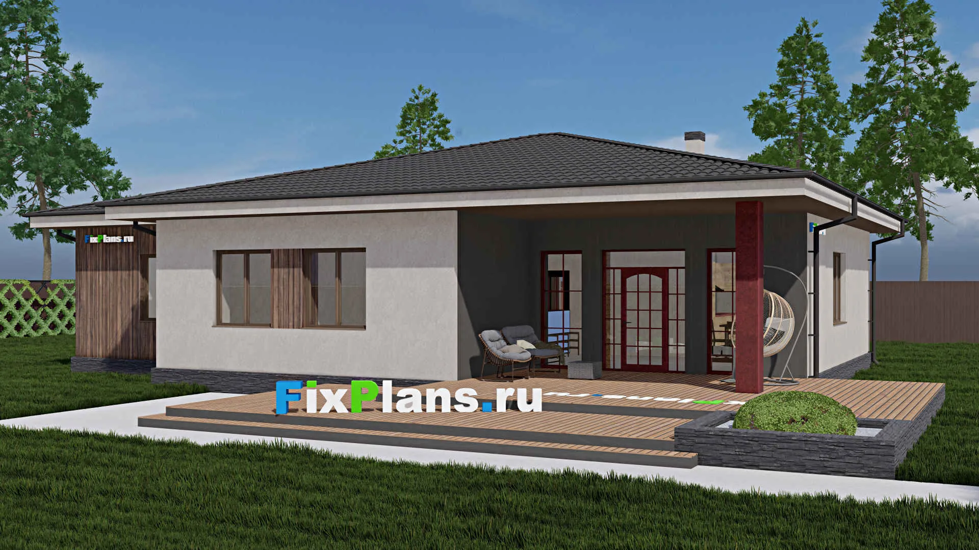 F-0350 - Проект одноэтажного дома 13 на 18, площадью 220 м² с террасой, гаражом на 1 машину и 3 спальнями