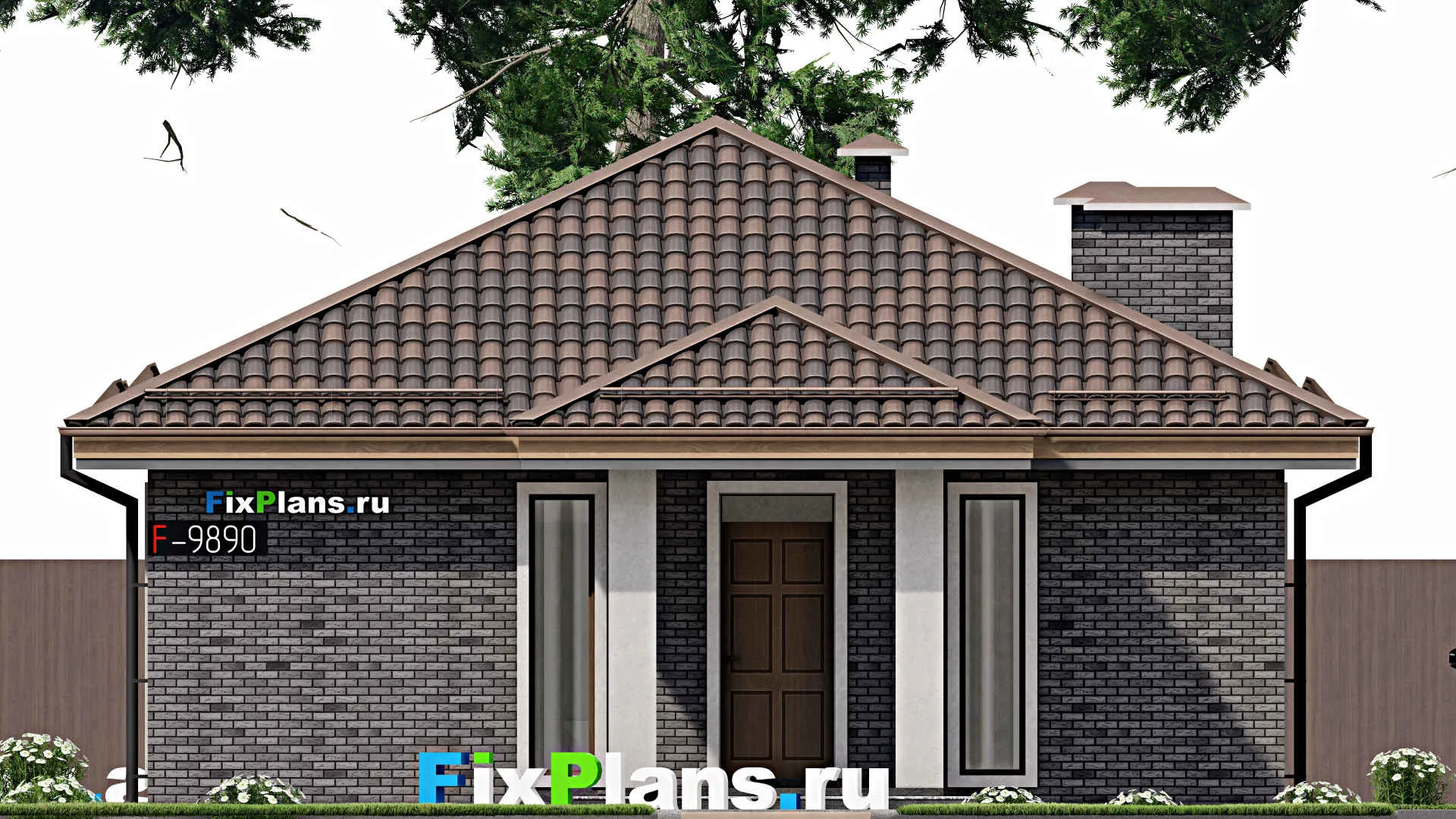 F-9890 - Проект одноэтажного дома 10 на 14, площадью 90 м² с террасой и 3 спальнями