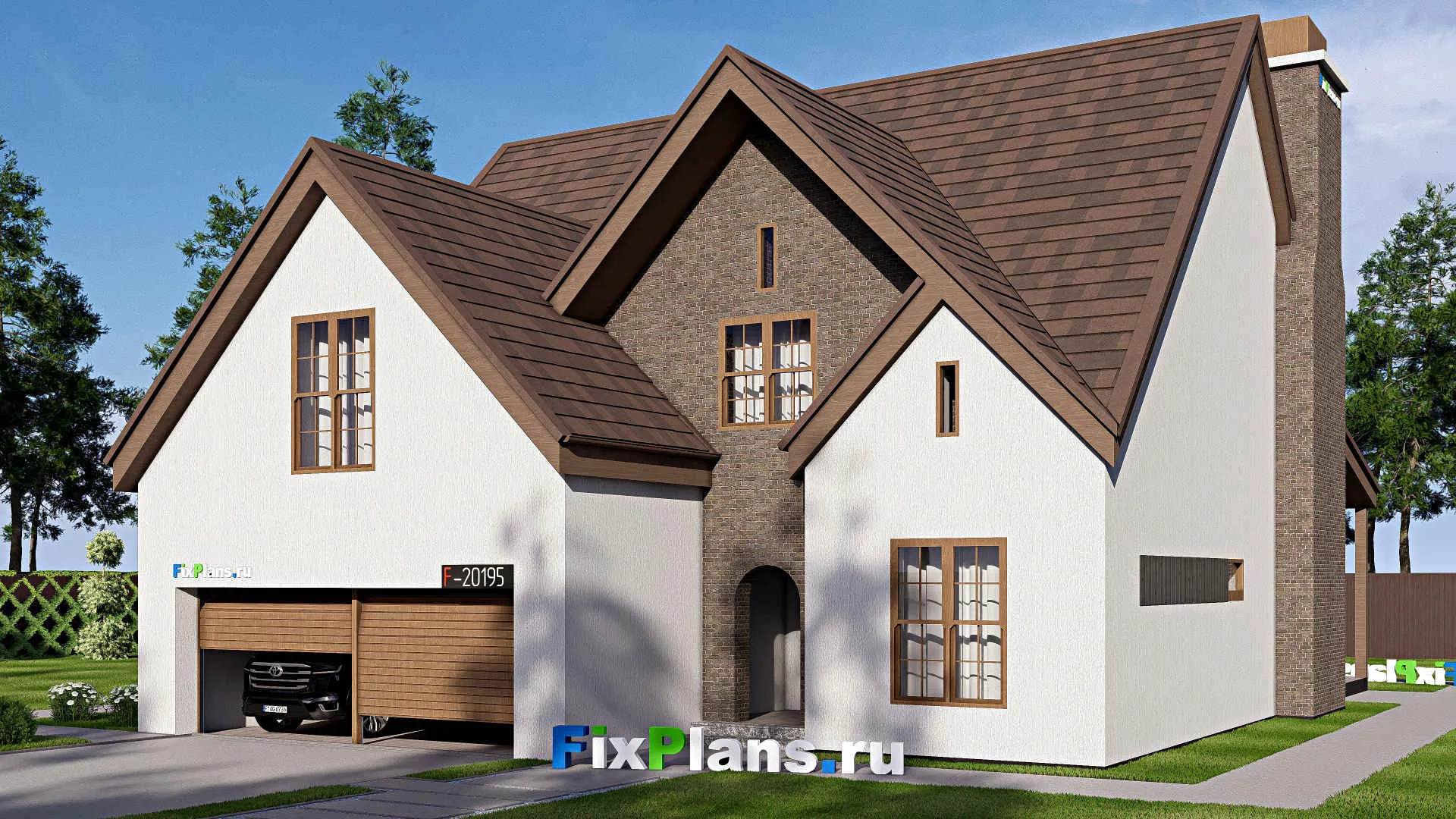 F-20195 - Проект одноэтажного дома 17 на 20, площадью 300 м² с террасой, гаражом на 2 машины и 4 спальнями