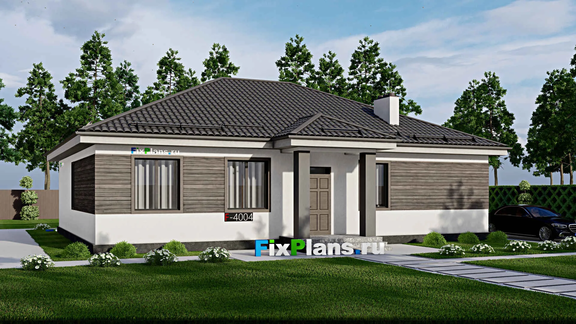 F-4004 - Проект одноэтажного дома 12 на 16, площадью 160 м² с террасой и 5 спальнями