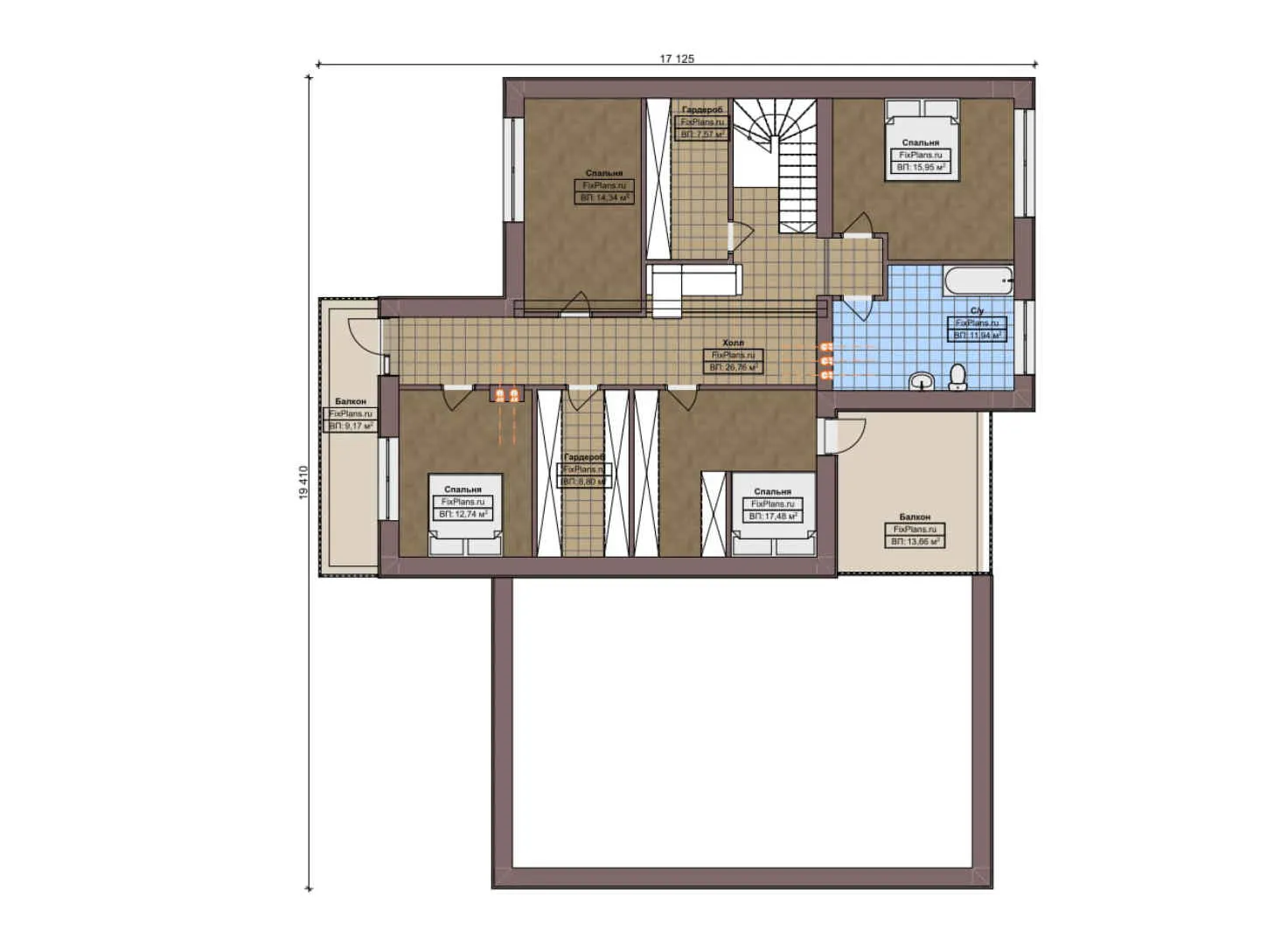 F-6245 - Планы двухэтажного дома 19 на 20, площадью 450 м² с террасой, балконом, гаражом на 2 машины и 5 спальнями