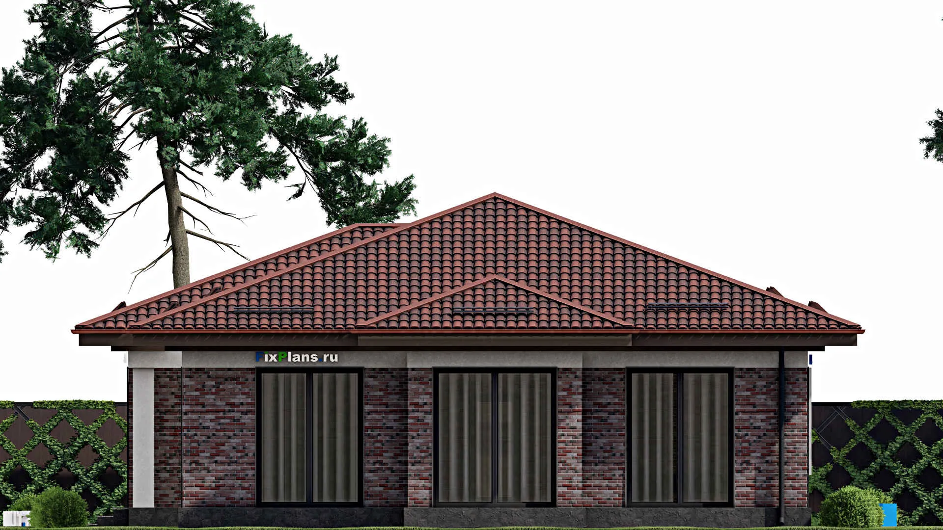 F-1898 - Проект одноэтажного дома 13 на 24, площадью 250 м² с террасой и 4 спальнями