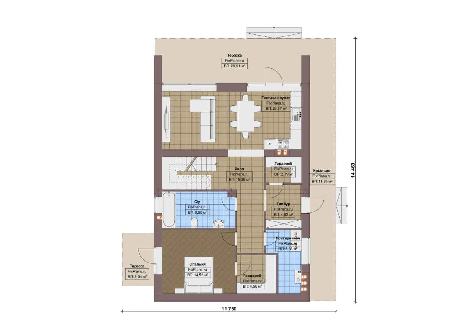 F-17612 - Планы дома с мансардой 12 на 15, площадью 190 м² с террасой и 1 спальнями
