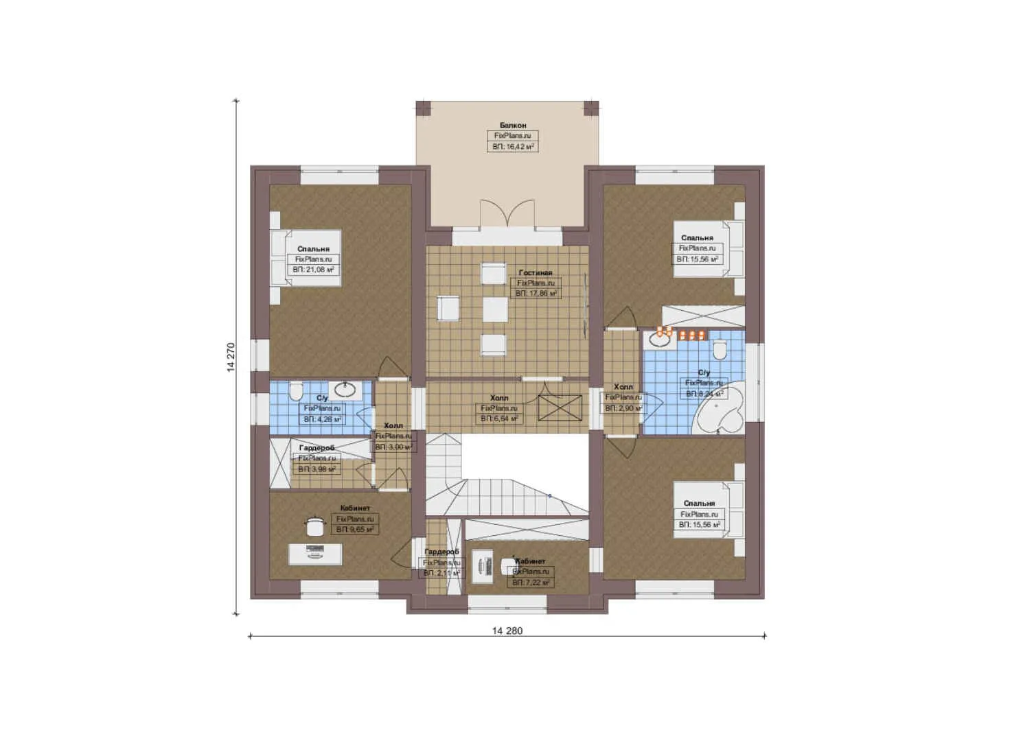 F-17063 - Планы двухэтажного дома 18 на 18, площадью 290 м² с террасой, балконом и 5 спальнями