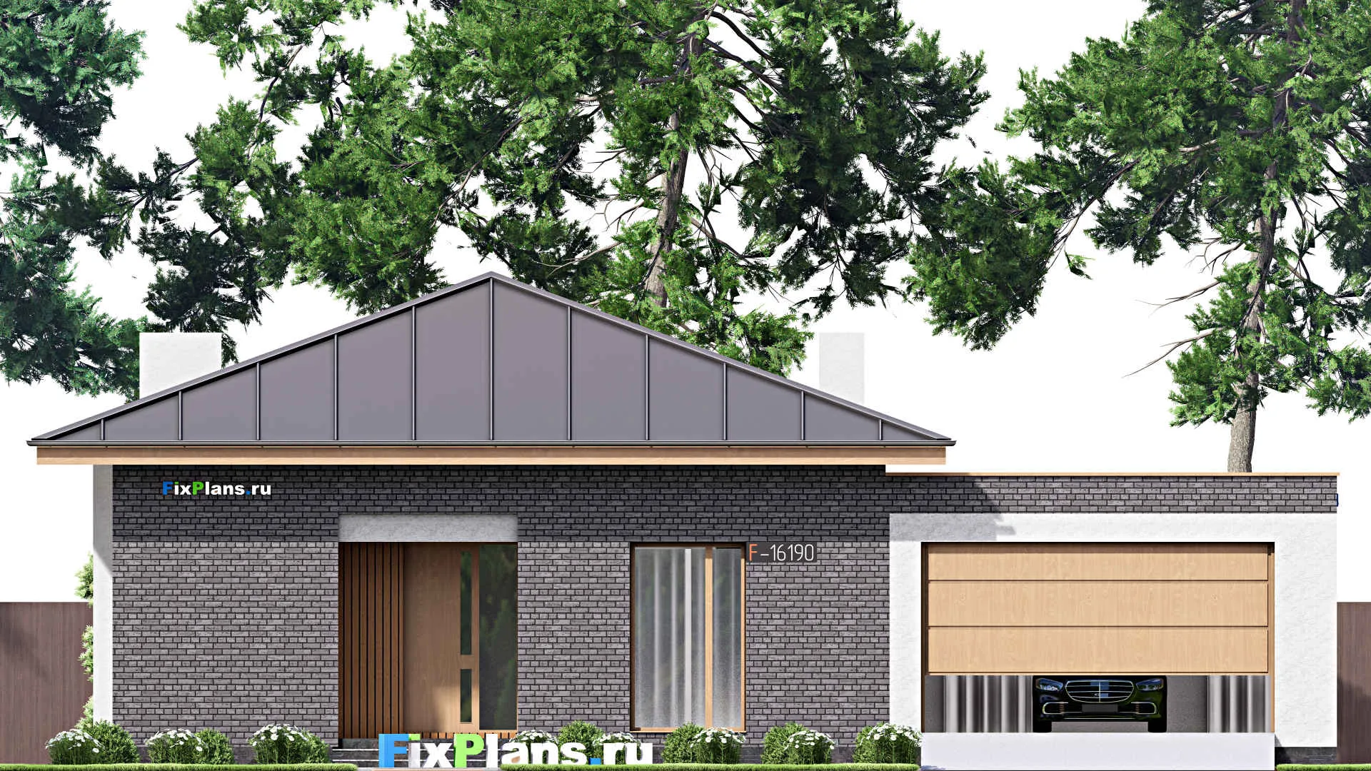 F-16190 - Проект одноэтажного дома 18 на 18, площадью 220 м² с террасой, гаражом на 2 машины и 3 спальнями