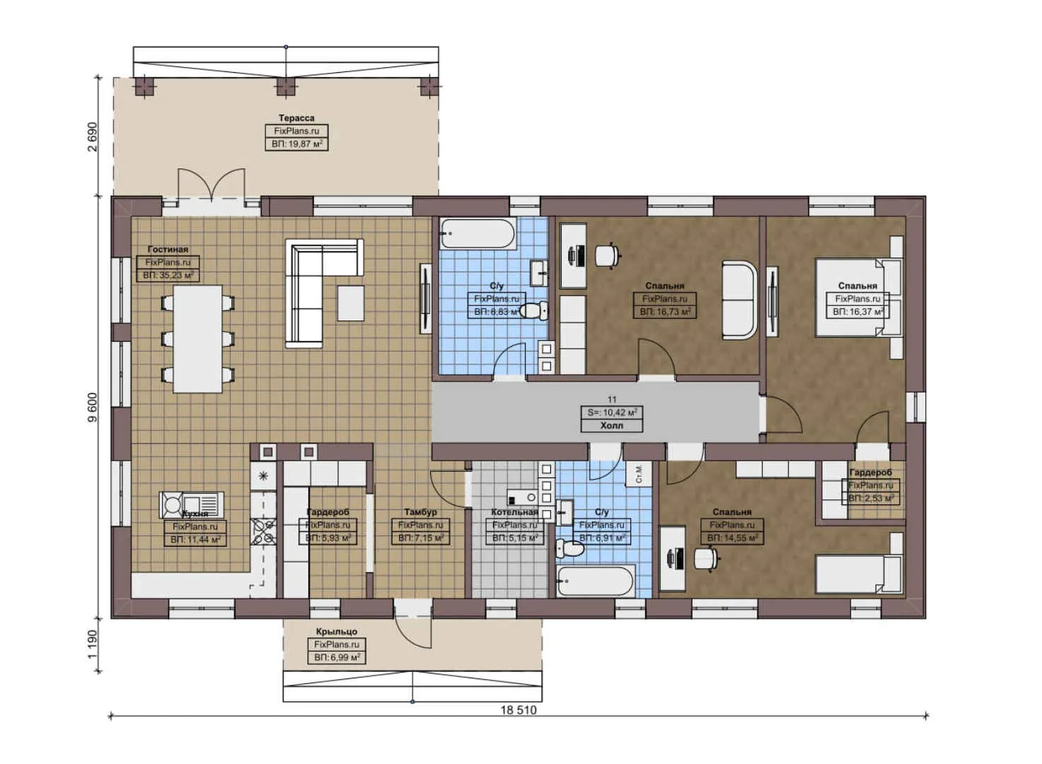 F-7982 - План одноэтажного дома 10 на 19, площадью 170 м² с террасой и 3 спальнями