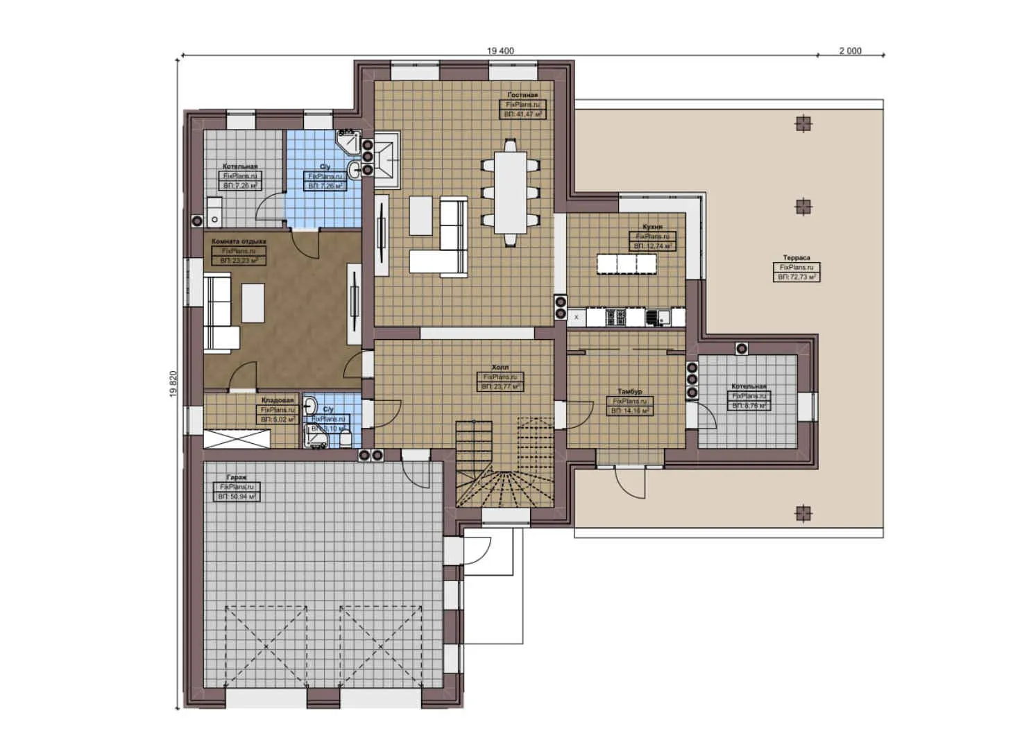 F-3932 - Планы дома с мансардой 20 на 20, площадью 390 м² с террасой, гаражом на 2 машины и 3 спальнями