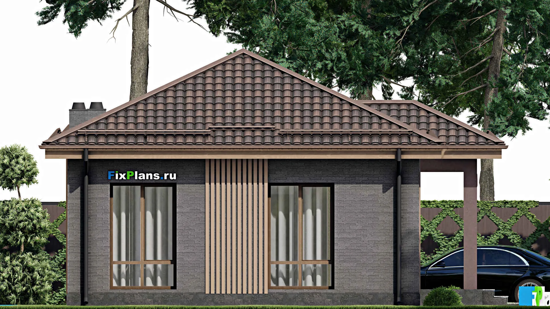 F-7451 - Проект одноэтажного дома 10 на 10, площадью 60 м² с 2 спальнями