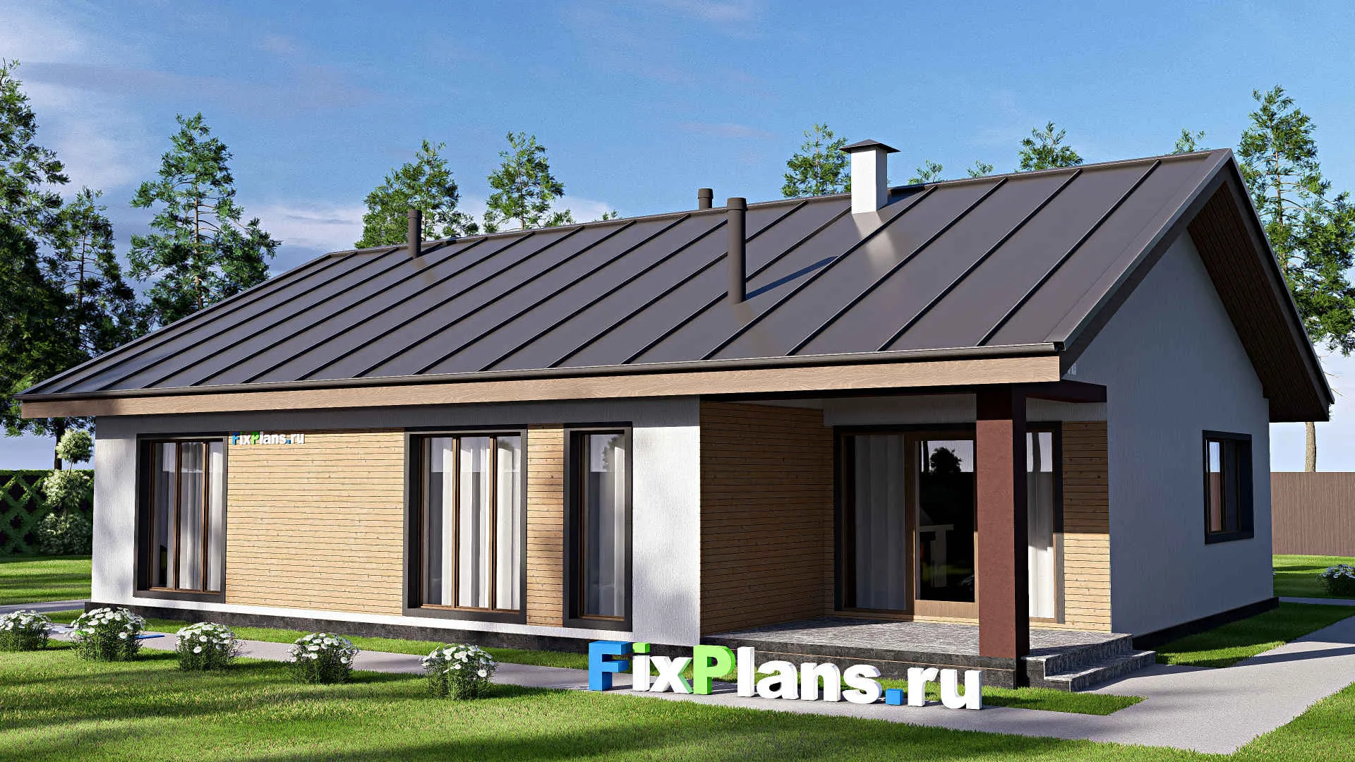 F-19124 - Проект одноэтажного дома 13 на 16, площадью 150 м² с террасой и 3 спальнями