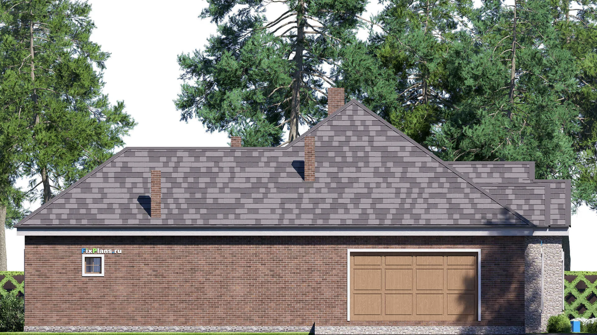 F-17198 - Проект одноэтажного дома 21 на 22, площадью 310 м² с террасой, гаражом на 2 машины и 3 спальнями