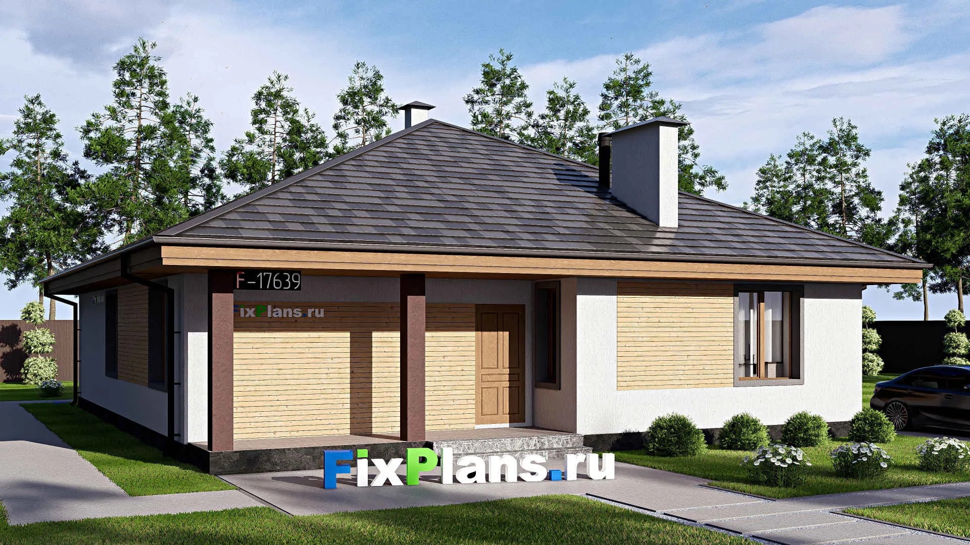 F-17639 - Проект одноэтажного дома 14 на 17, площадью 170 м² с террасой и 3 спальнями