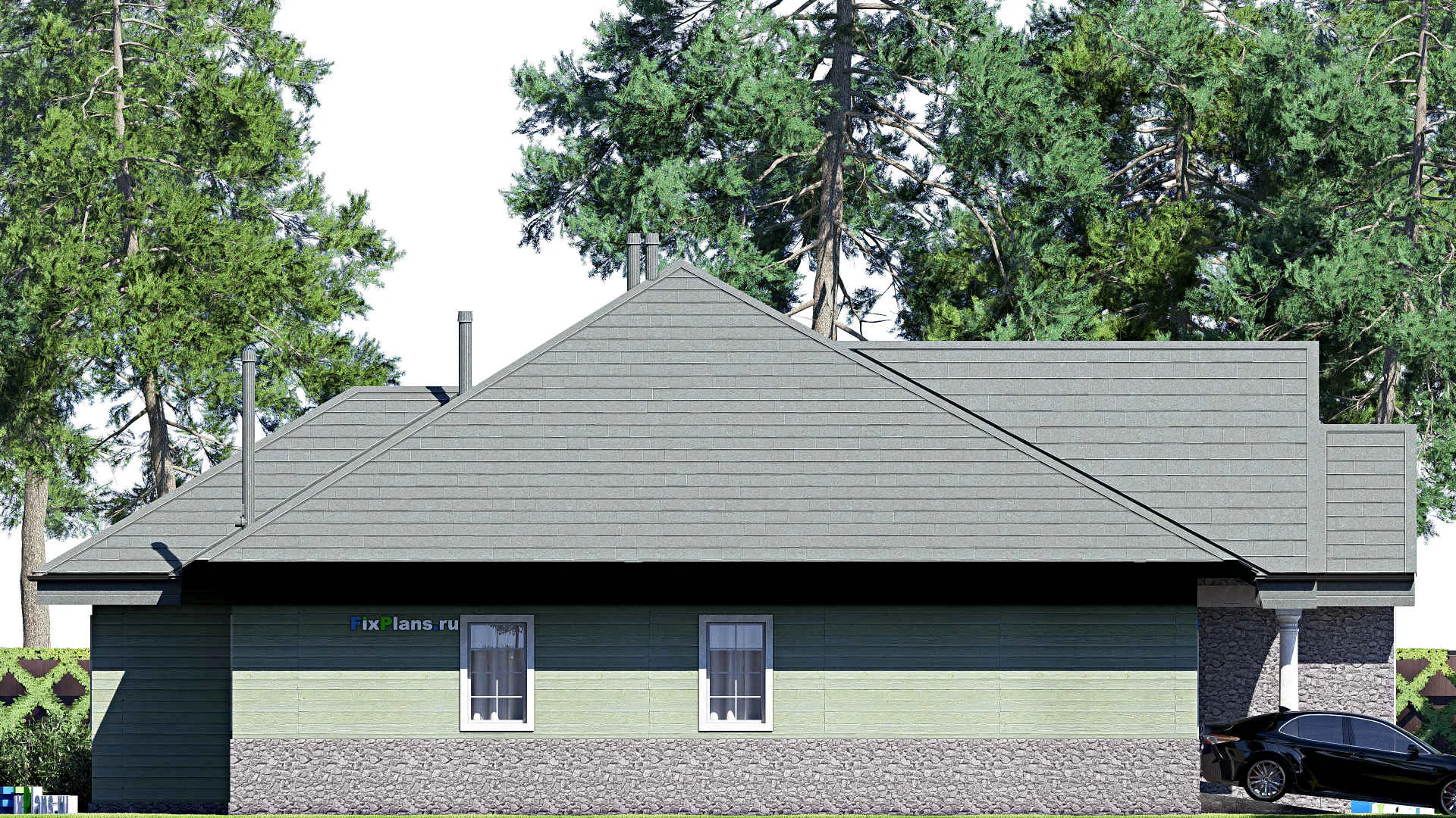 F-20330 - Проект одноэтажного дома 19 на 22, площадью 240 м² с гаражом на 2 машины и 2 спальнями