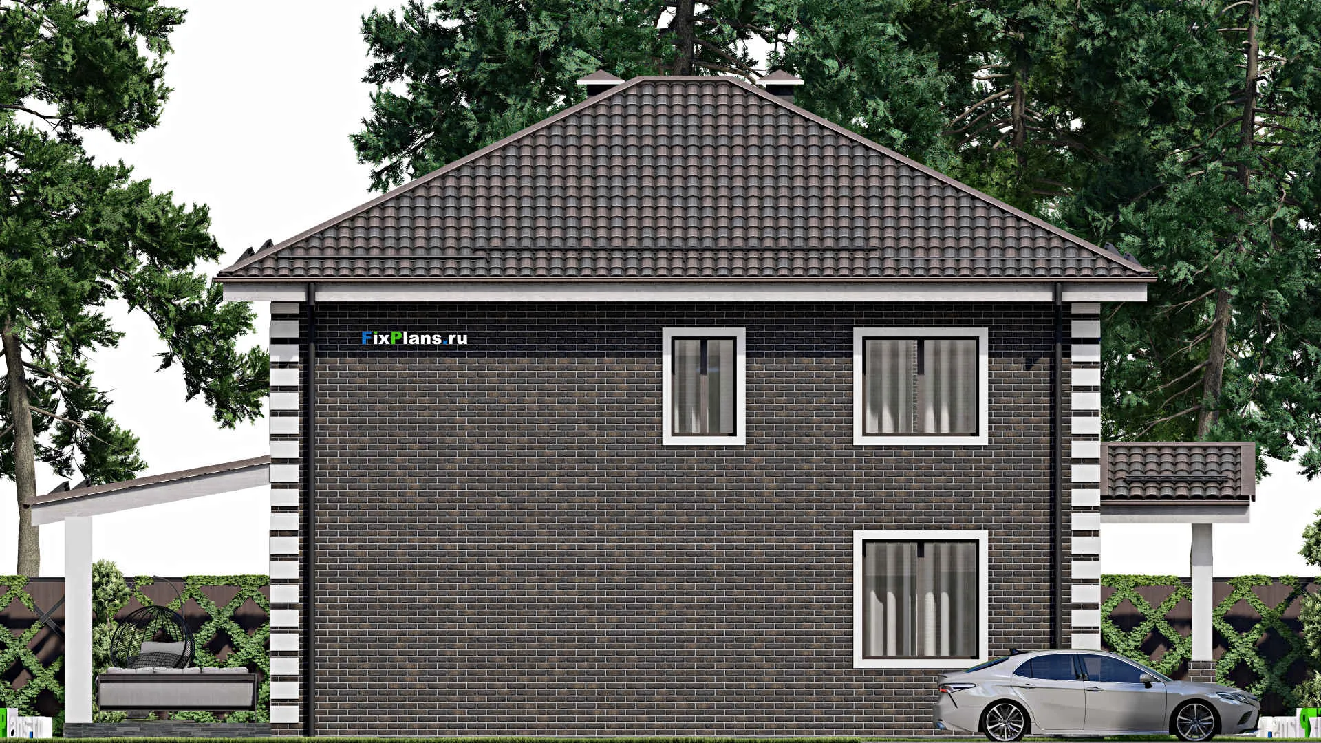 F-6056 - Проект двухэтажного дома 11 на 13, площадью 240 м² с террасой и 4 спальнями