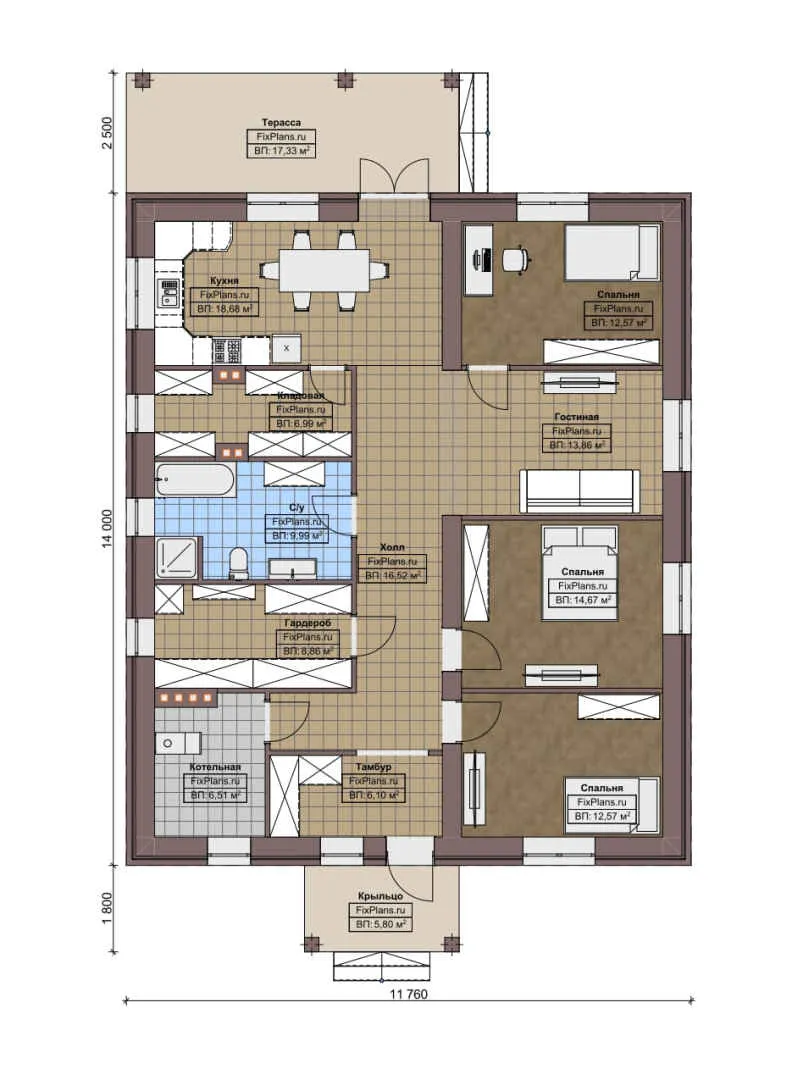 F-5390 - План одноэтажного дома 12 на 14, площадью 150 м² с террасой и 3 спальнями
