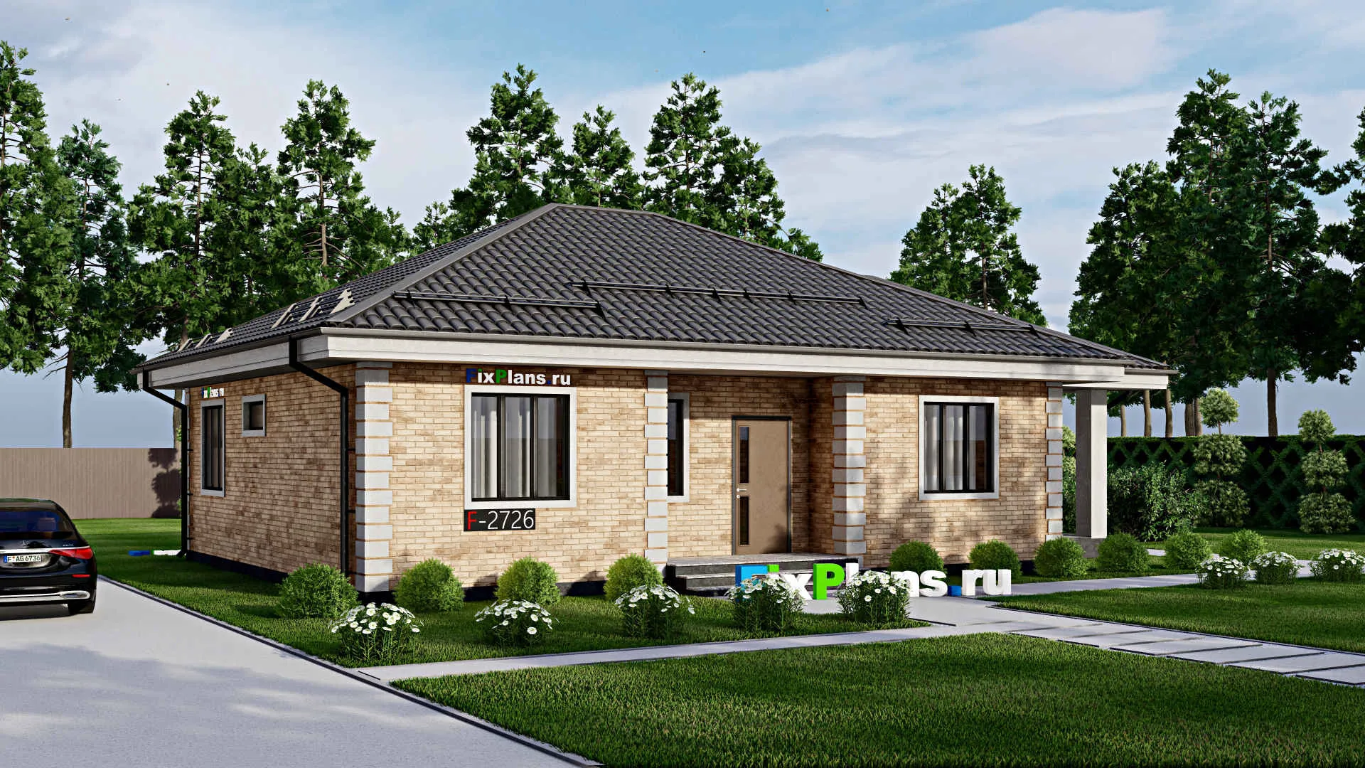 F-2726 - Проект одноэтажного дома 10 на 12, площадью 120 м² с террасой и 3 спальнями