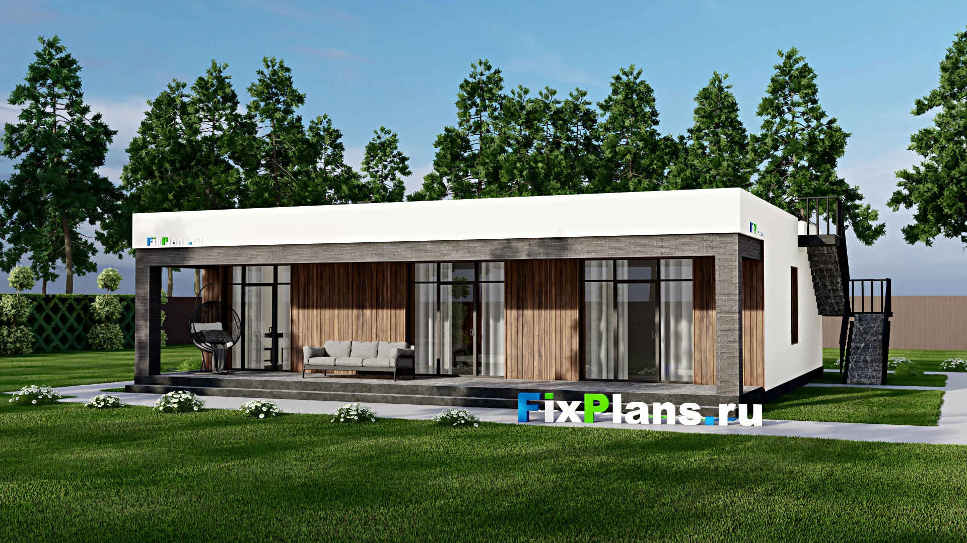 F-5201 - Проект одноэтажного дома 14 на 14, площадью 150 м² с террасой и 3 спальнями