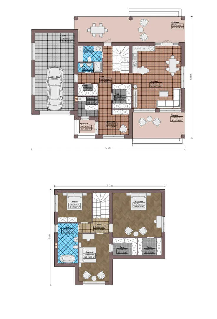 F-0062 - Планы дома с мансардой 14 на 18, площадью 280 м² с террасой, гаражом на 2 машины и 3 спальнями