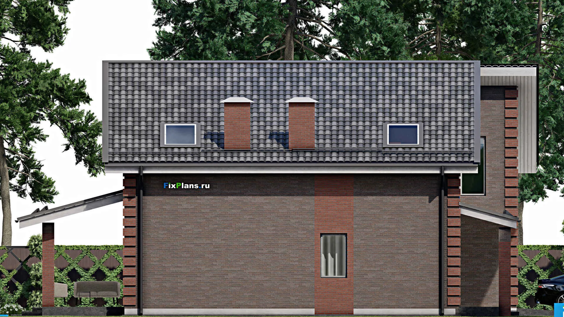 F-6497 - Проект дома с мансардой 14 на 14, площадью 250 м² с террасой, гаражом на 1 машину и 3 спальнями