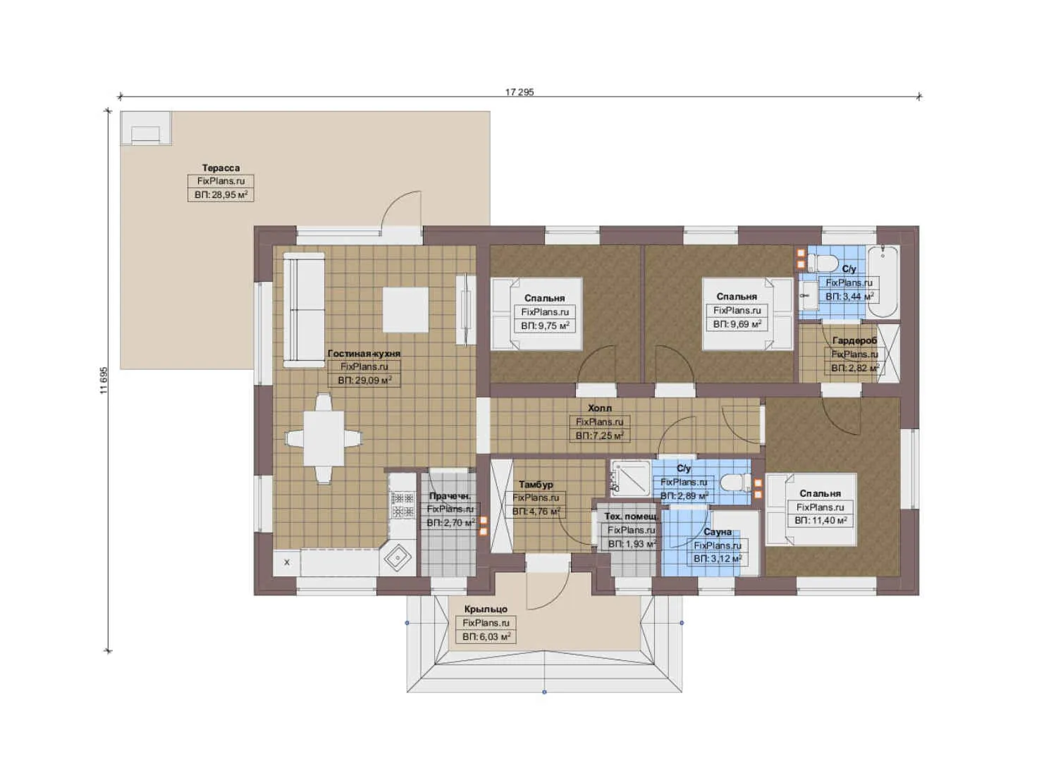 F-12599 - План одноэтажного дома 12 на 18, площадью 130 м² с террасой, баней и 3 спальнями