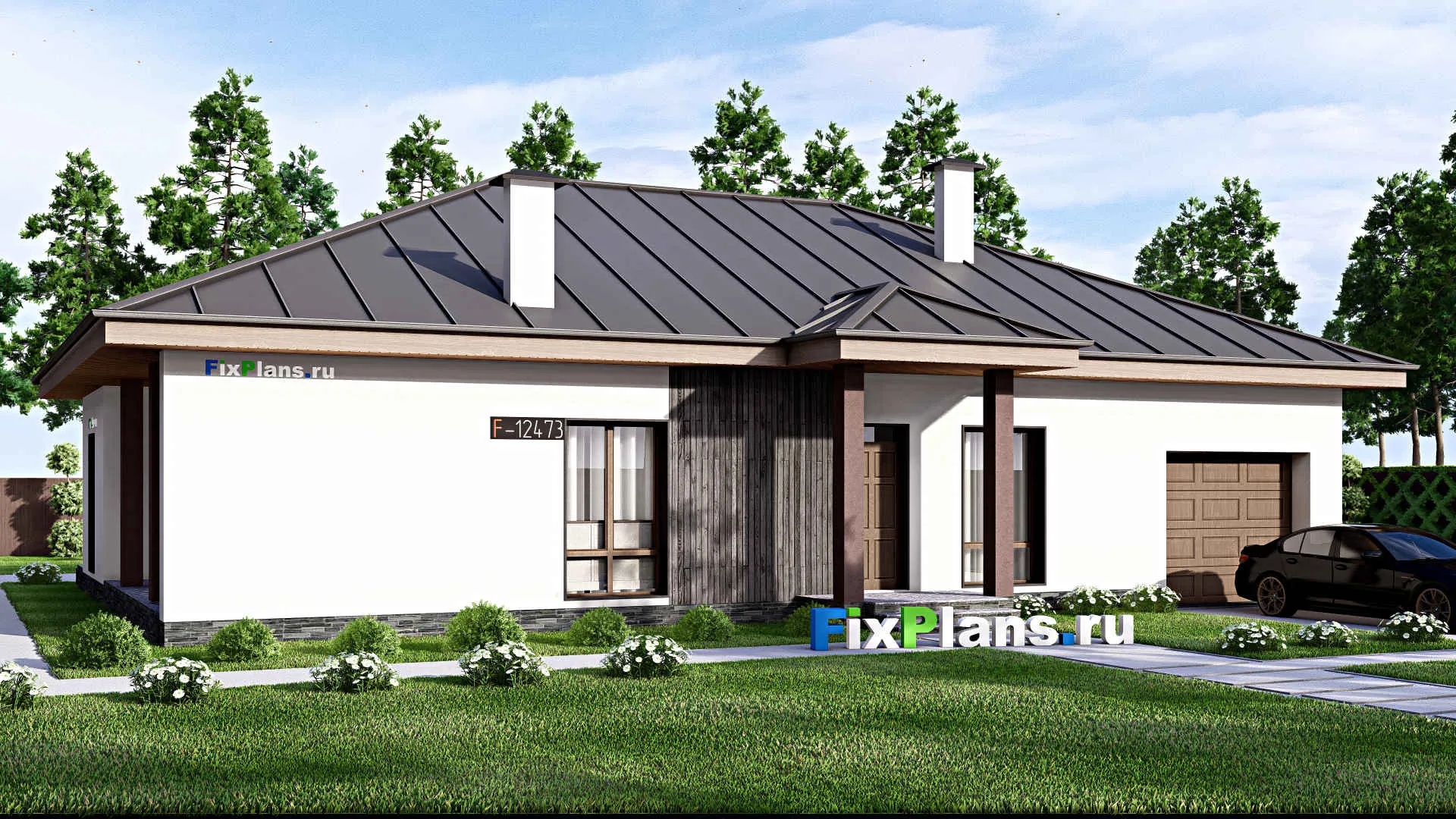 F-12473 - Проект одноэтажного дома 16 на 19, площадью 210 м² с террасой, гаражом на 1 машину и 2 спальнями