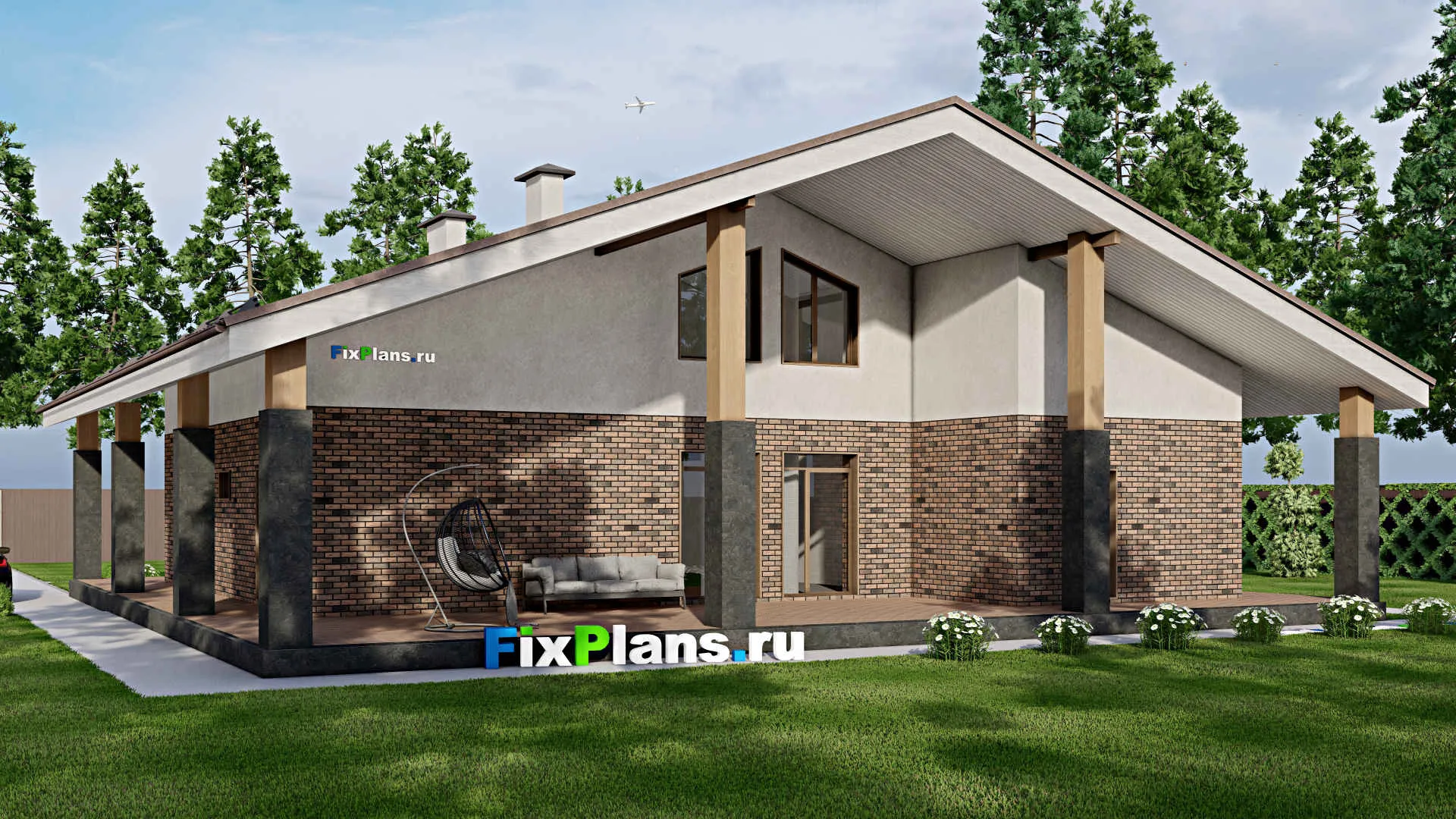 F-7091 - Проект дома с мансардой 19 на 19, площадью 340 м² с террасой, балконом и 4 спальнями