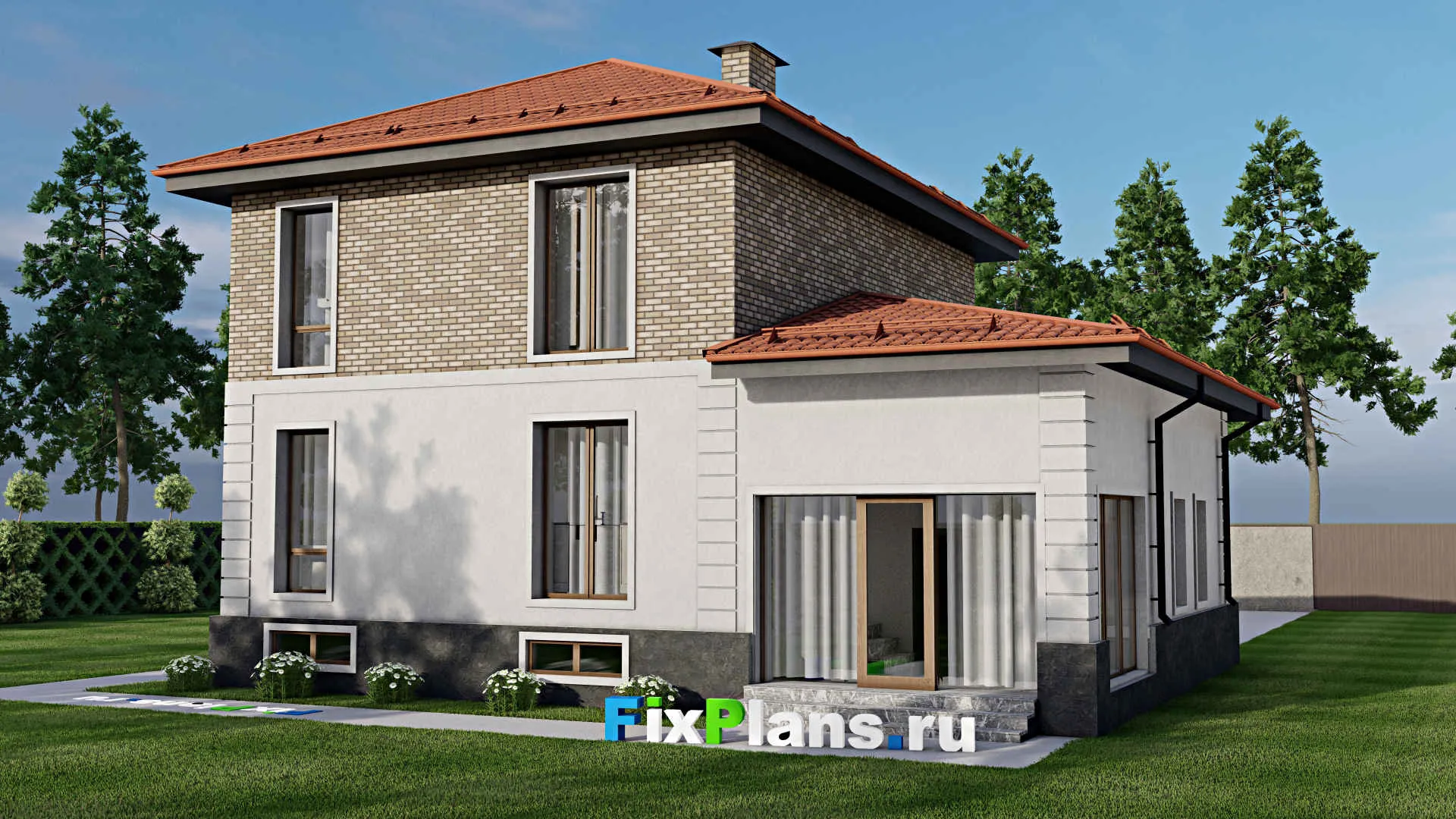 F-5705 - Проект двухэтажного дома 11 на 13, площадью 210 м² с террасой, балконом, цокольным этажом, гаражом на 1 машину и 4 спальнями