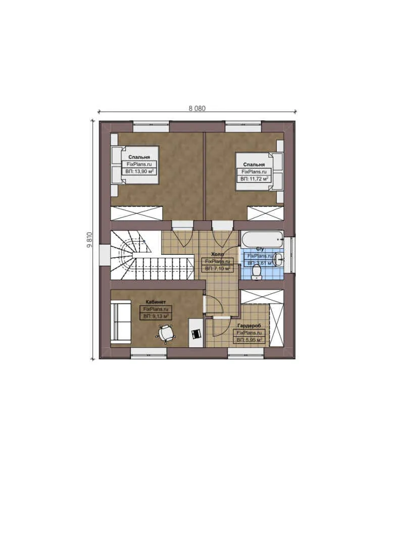 F-1961 - Планы двухэтажного дома 12 на 13, площадью 140 м² с гаражом на 1 машину и 2 спальнями