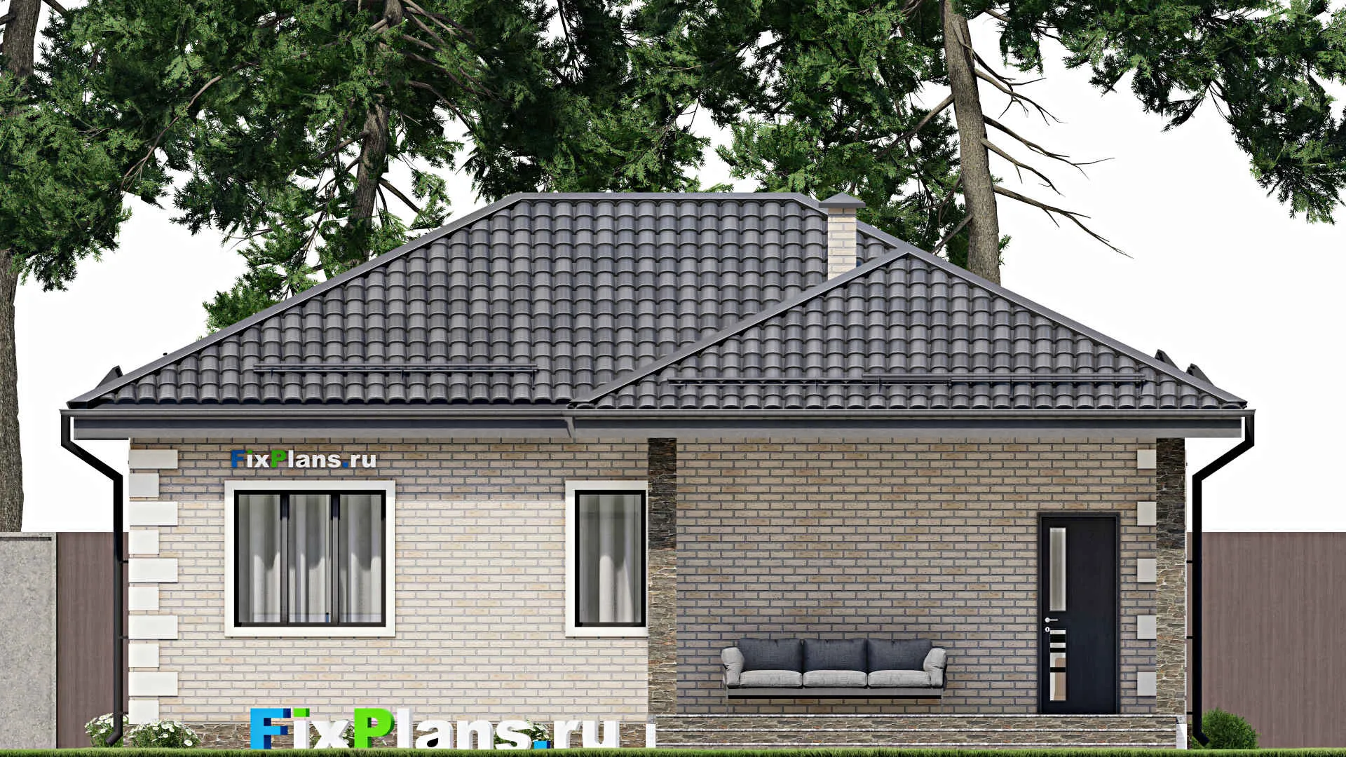 F-5768 - Проект одноэтажного дома 9 на 12, площадью 80 м² с террасой и 2 спальнями