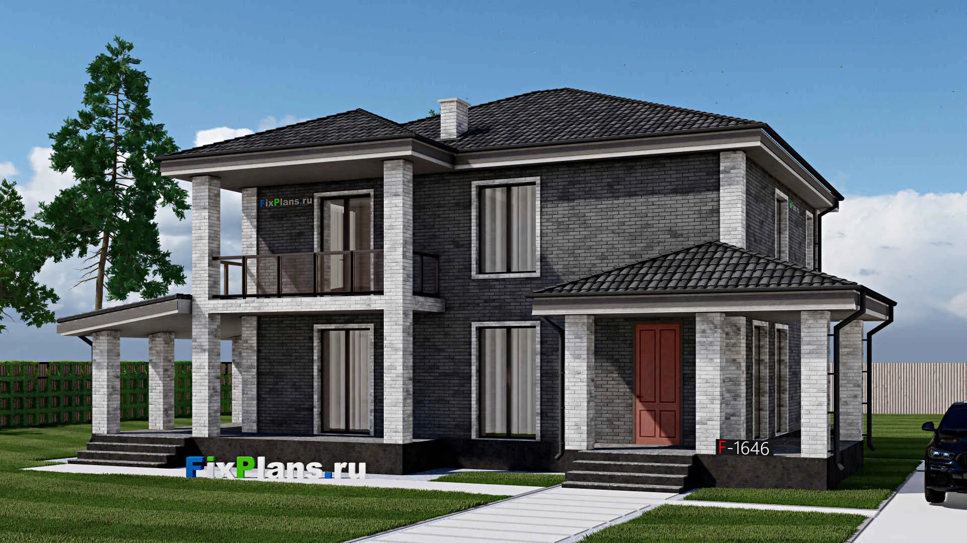 F-1646 - Проект двухэтажного дома 11 на 13, площадью 250 м² с террасой, балконом и 4 спальнями