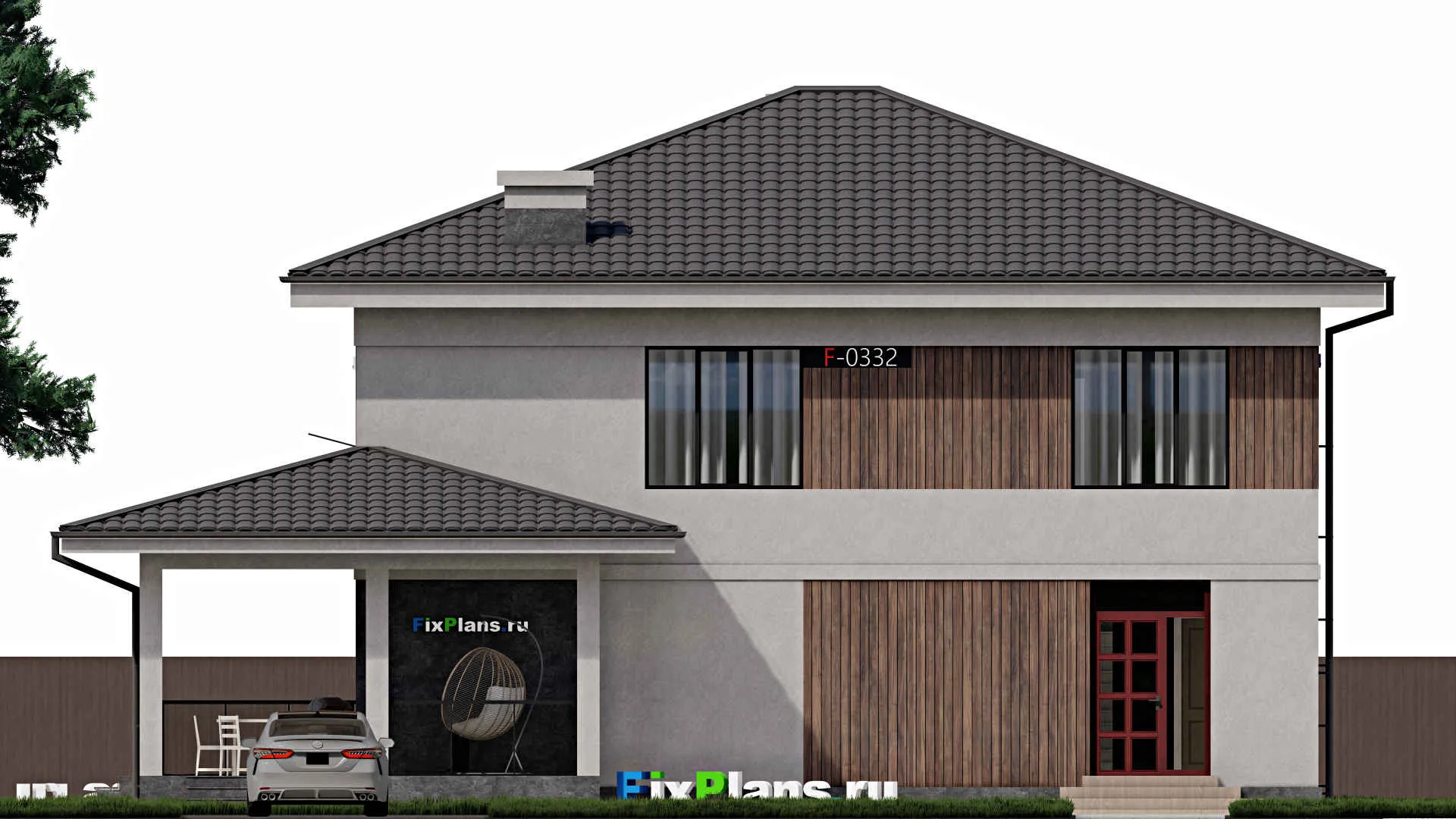 F-0332 - Проект двухэтажного дома 13 на 13, площадью 290 м² с террасой и 3 спальнями