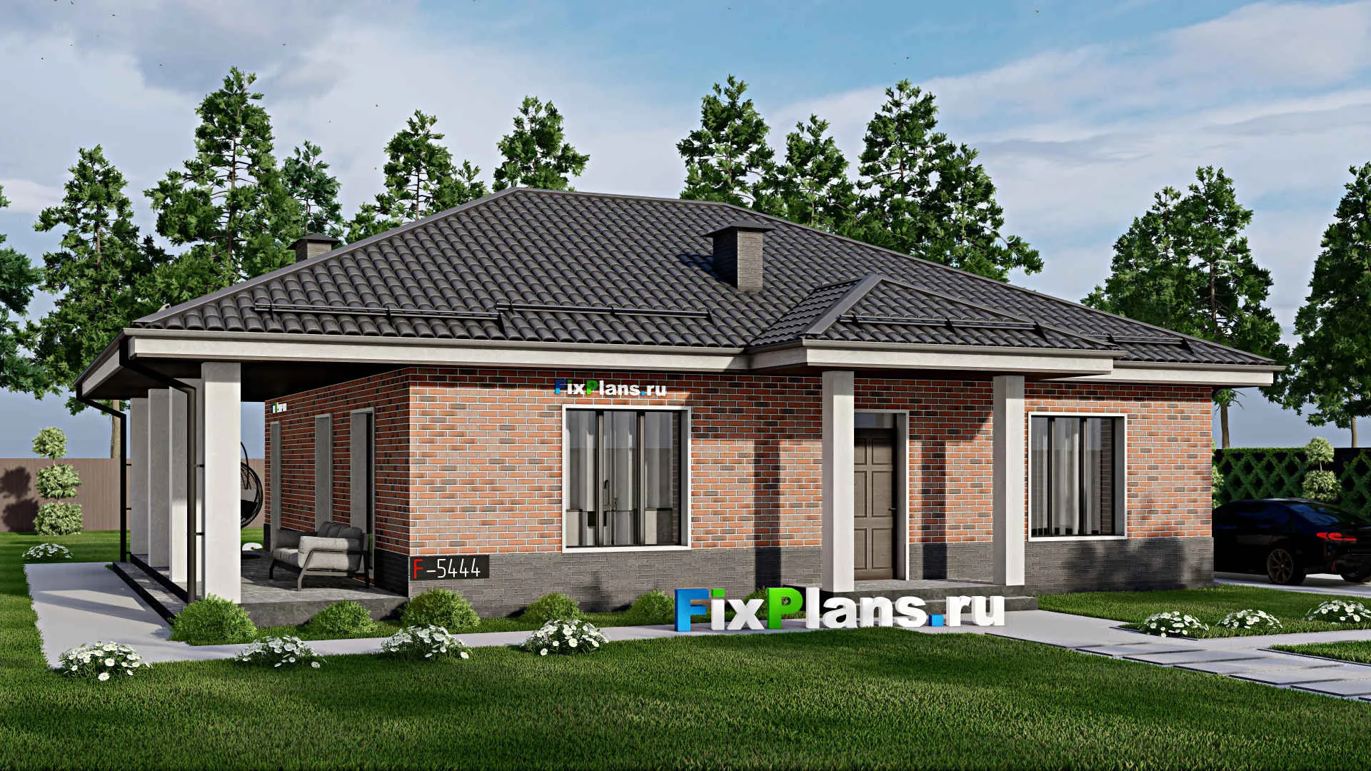 F-5444 - Проект одноэтажного дома 12 на 13, площадью 140 м² с террасой и 2 спальнями