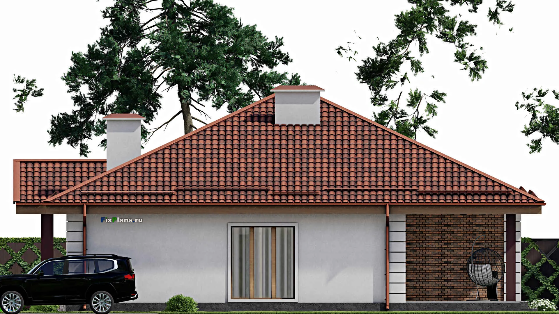 F-9233 - Проект одноэтажного дома 15 на 15, площадью 170 м² с террасой и 4 спальнями