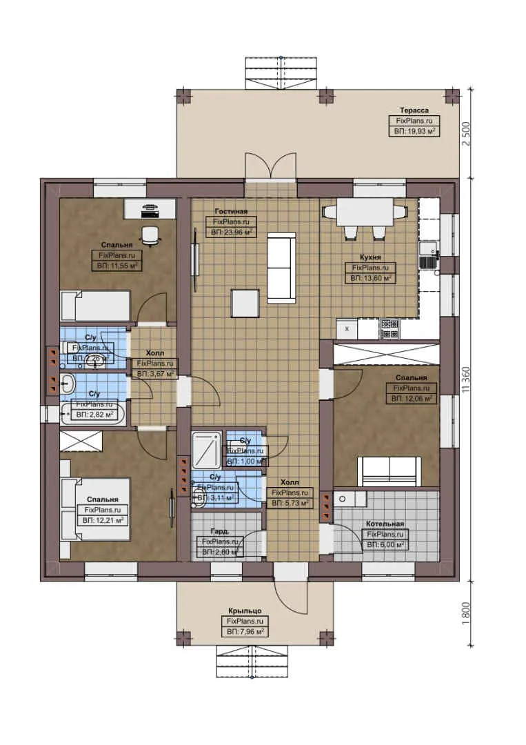 F-0656 - План одноэтажного дома 12 на 12, площадью 130 м² с террасой и 3 спальнями