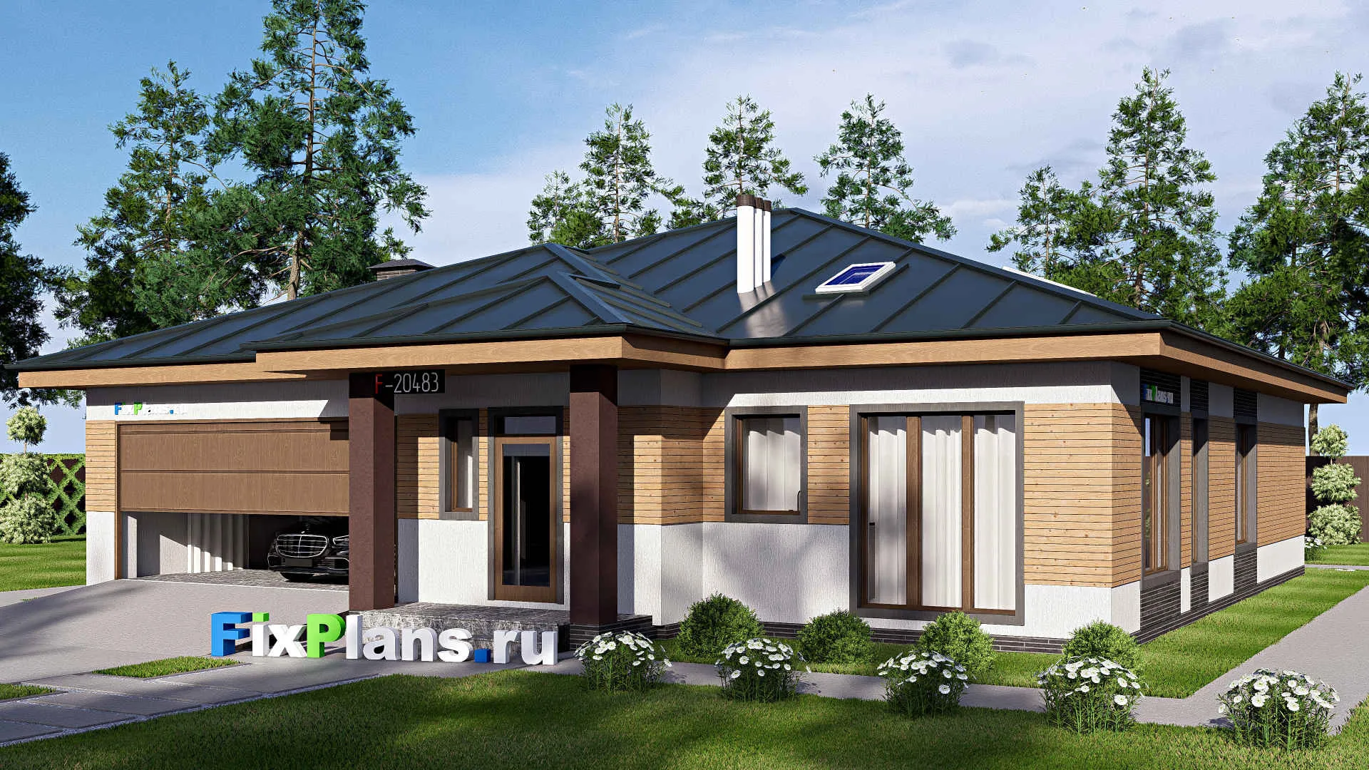 F-20483 - Проект одноэтажного дома 16 на 20, площадью 230 м² с террасой, гаражом на 2 машины и 3 спальнями