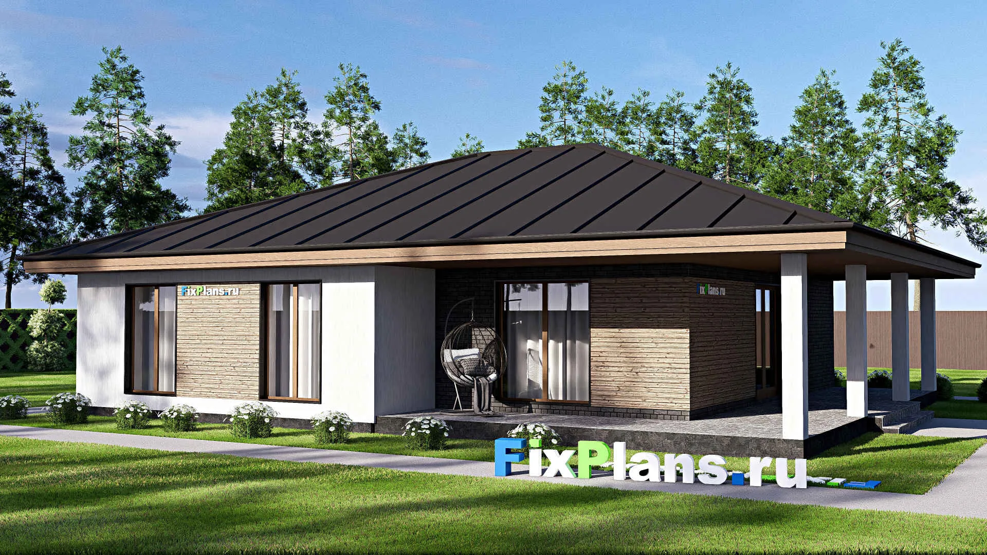 F-17450 - Проект одноэтажного дома 13 на 16, площадью 170 м² с террасой и 3 спальнями