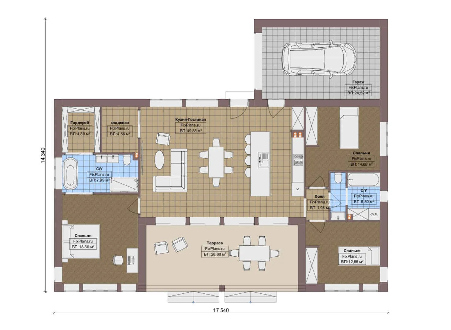 F-20393 - План одноэтажного дома 15 на 18, площадью 180 м² с террасой, гаражом на 1 машину и 3 спальнями
