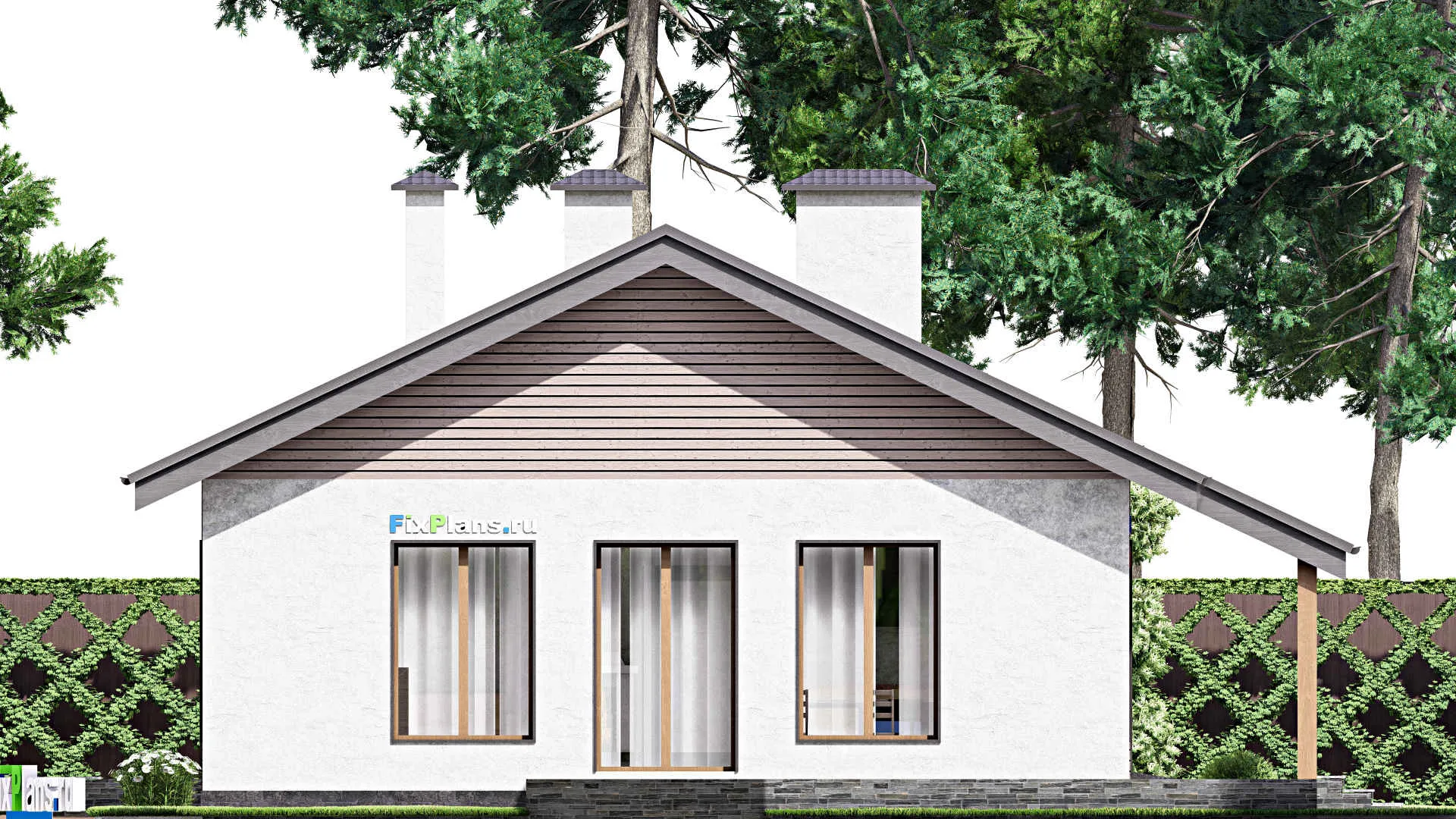 F-12743 - План одноэтажного дома 13 на 20, площадью 170 м² с террасой, гаражом на 1 машину и 3 спальнями