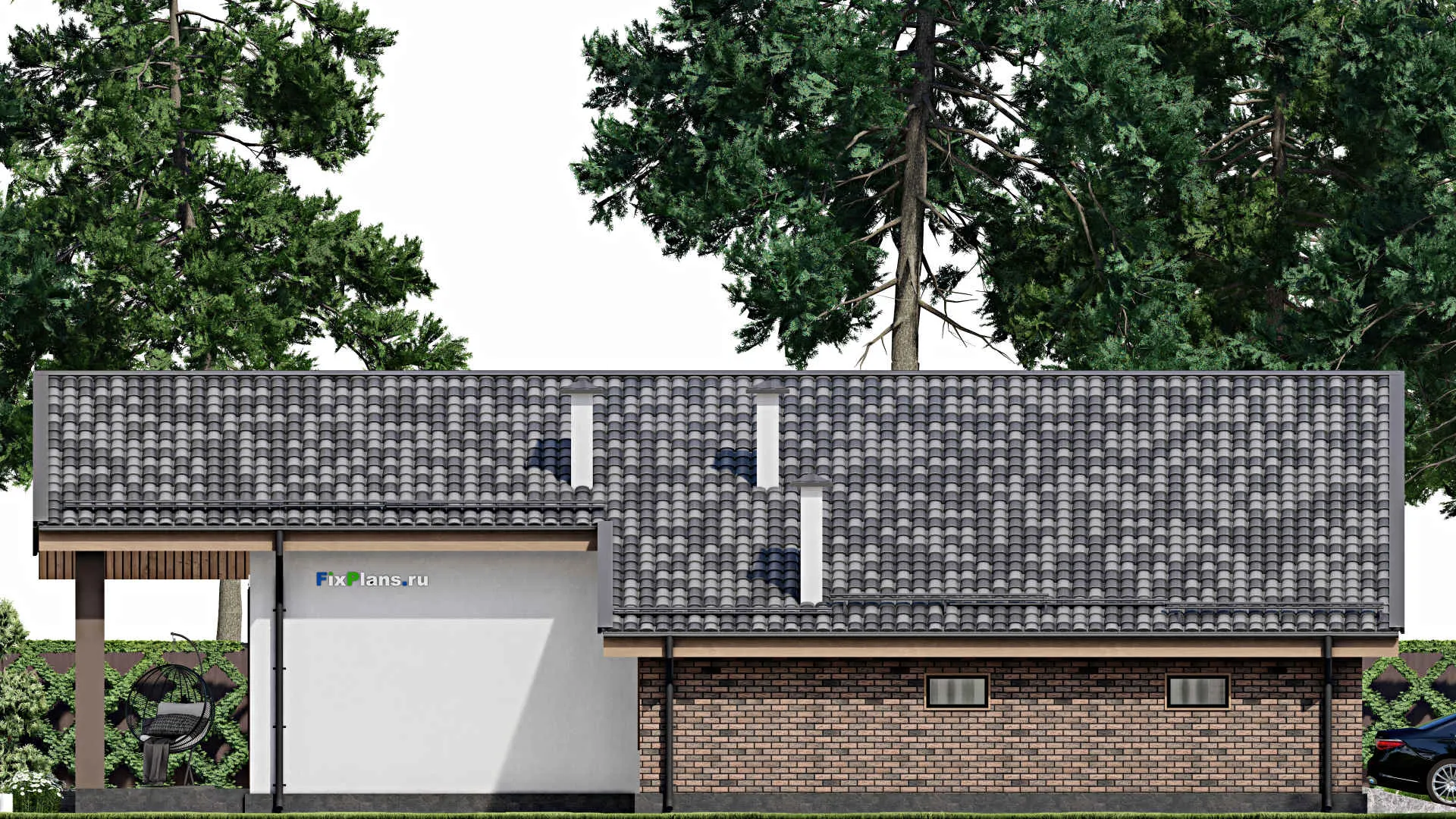 F-10358 - Проект одноэтажного дома 14 на 18, площадью 170 м² с террасой, гаражом на 1 машину и 3 спальнями