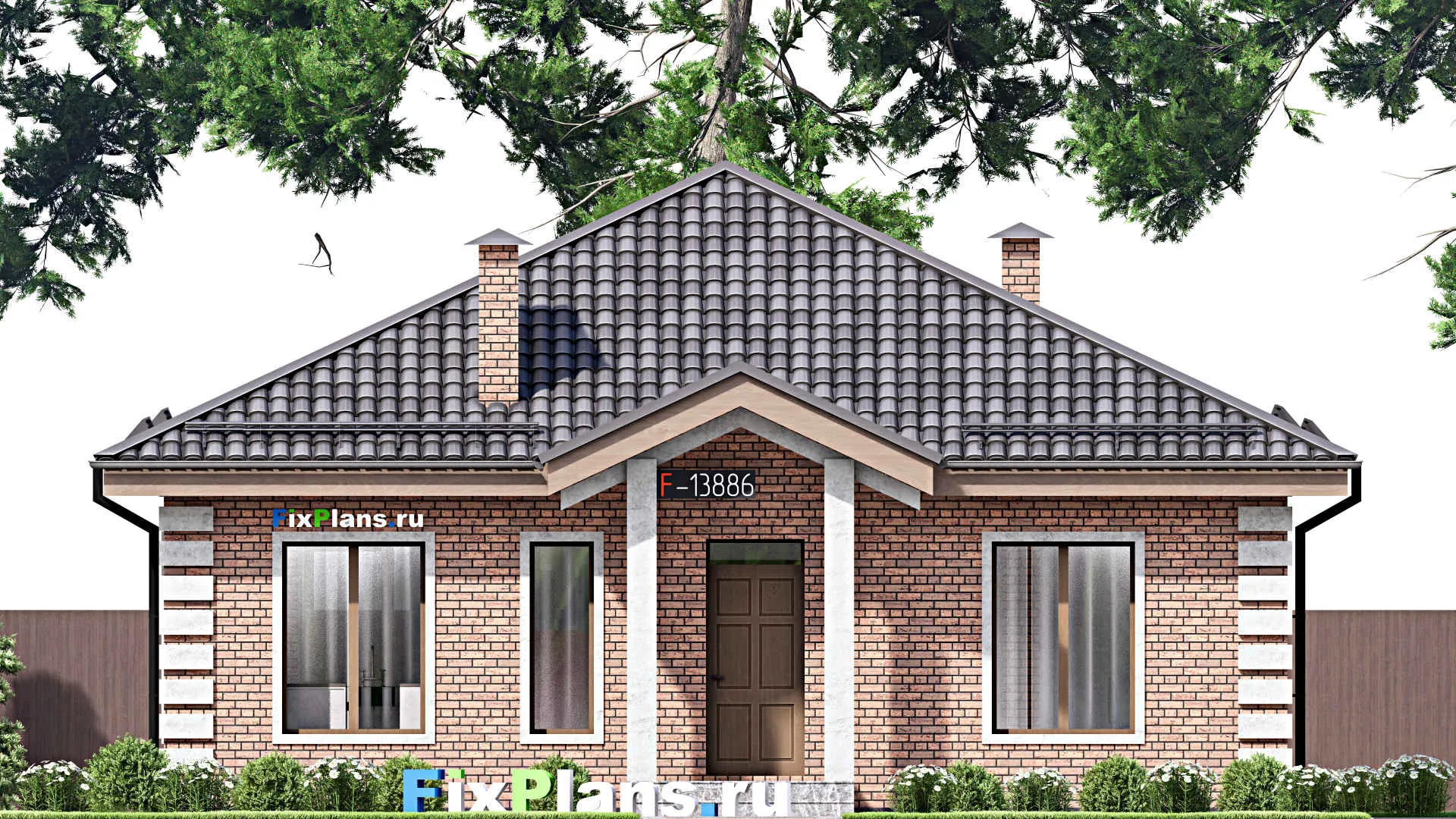 F-13886 - Проект одноэтажного дома 13 на 14, площадью 110 м² с террасой и 3 спальнями