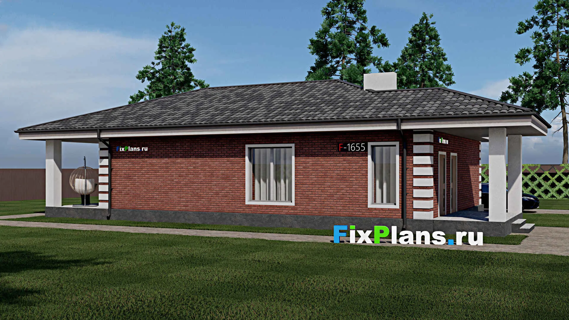 F-1655 - Проект одноэтажного дома 10 на 14, площадью 150 м² с террасой и 3 спальнями