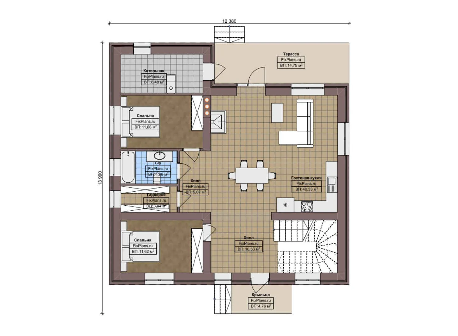 F-8558 - Планы двухэтажного дома 13 на 14, площадью 270 м² с террасой, балконом и 5 спальнями