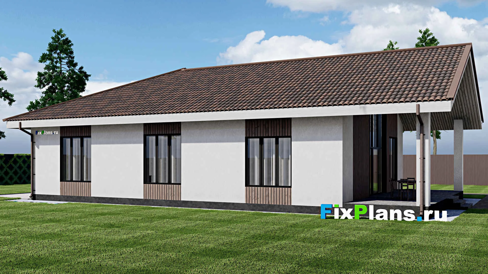 F-1682 - Проект одноэтажного дома 12 на 17, площадью 190 м² с террасой и 3 спальнями