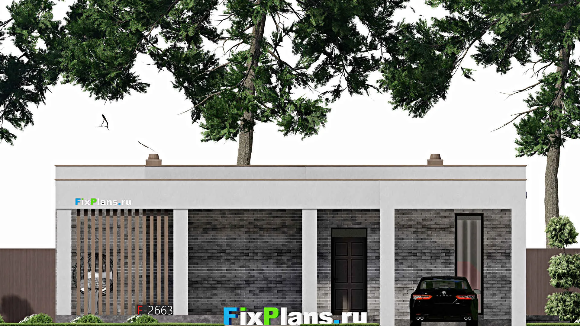 F-2663 - Проект одноэтажного дома 13 на 16, площадью 210 м² с террасой и 3 спальнями